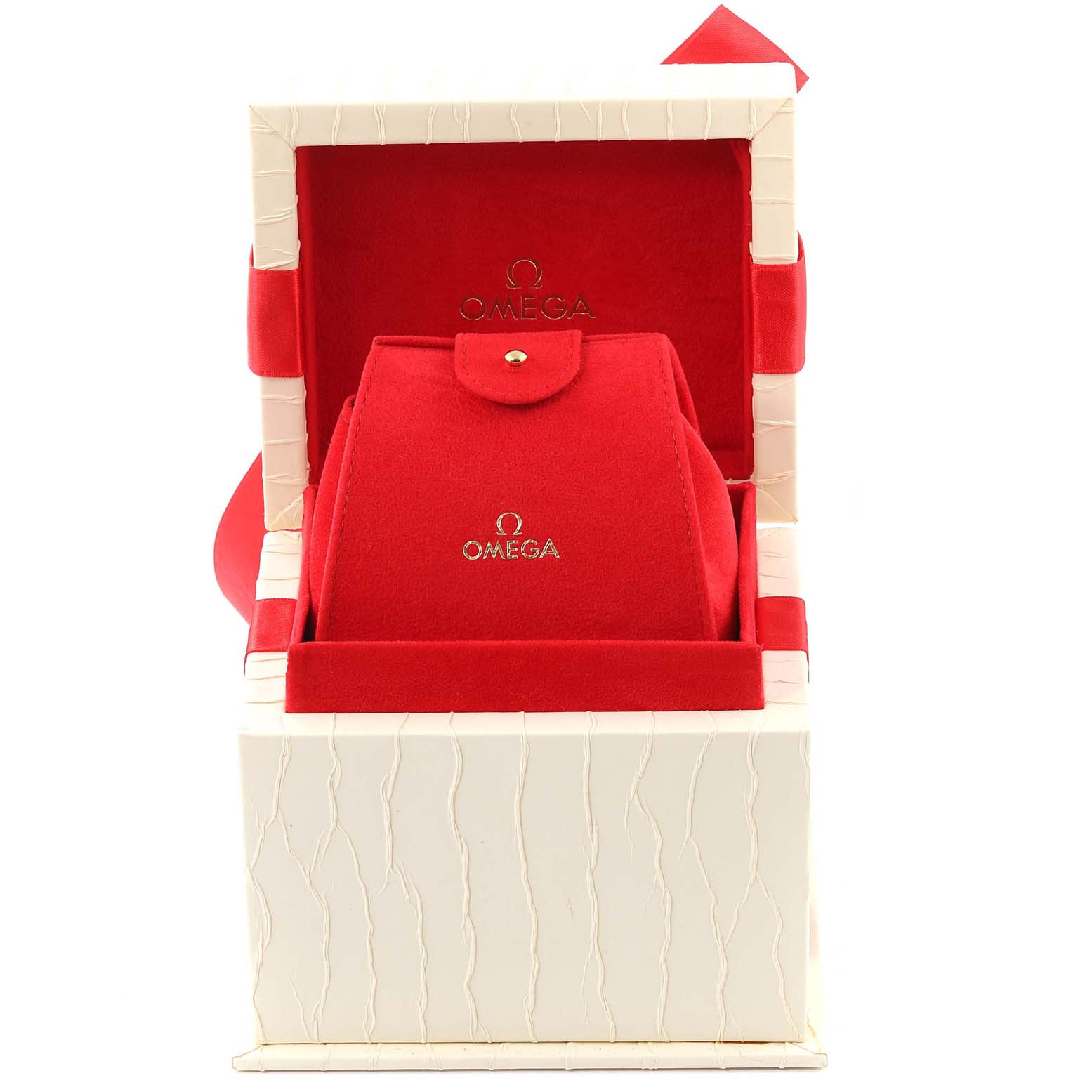 The image shows the packaging box for the Omega 2285.80.00 Women's Stainless Steel Blue Dial 2285.80.00 Women's Stainless Steel Blue Dial Seamaster Diver 300M Quartz 28mm Steel Ladies Watch 2285.80.00.