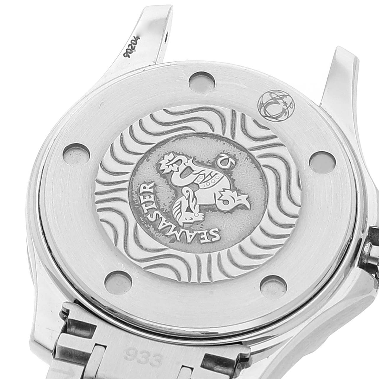 The image shows the case back and part of the bracelet of the Omega 2285.80.00 Women's Stainless Steel Blue Dial 2285.80.00 Women's Stainless Steel Blue Dial Seamaster Diver 300M Quartz 28mm Steel Ladies Watch, model 2285.80.00.