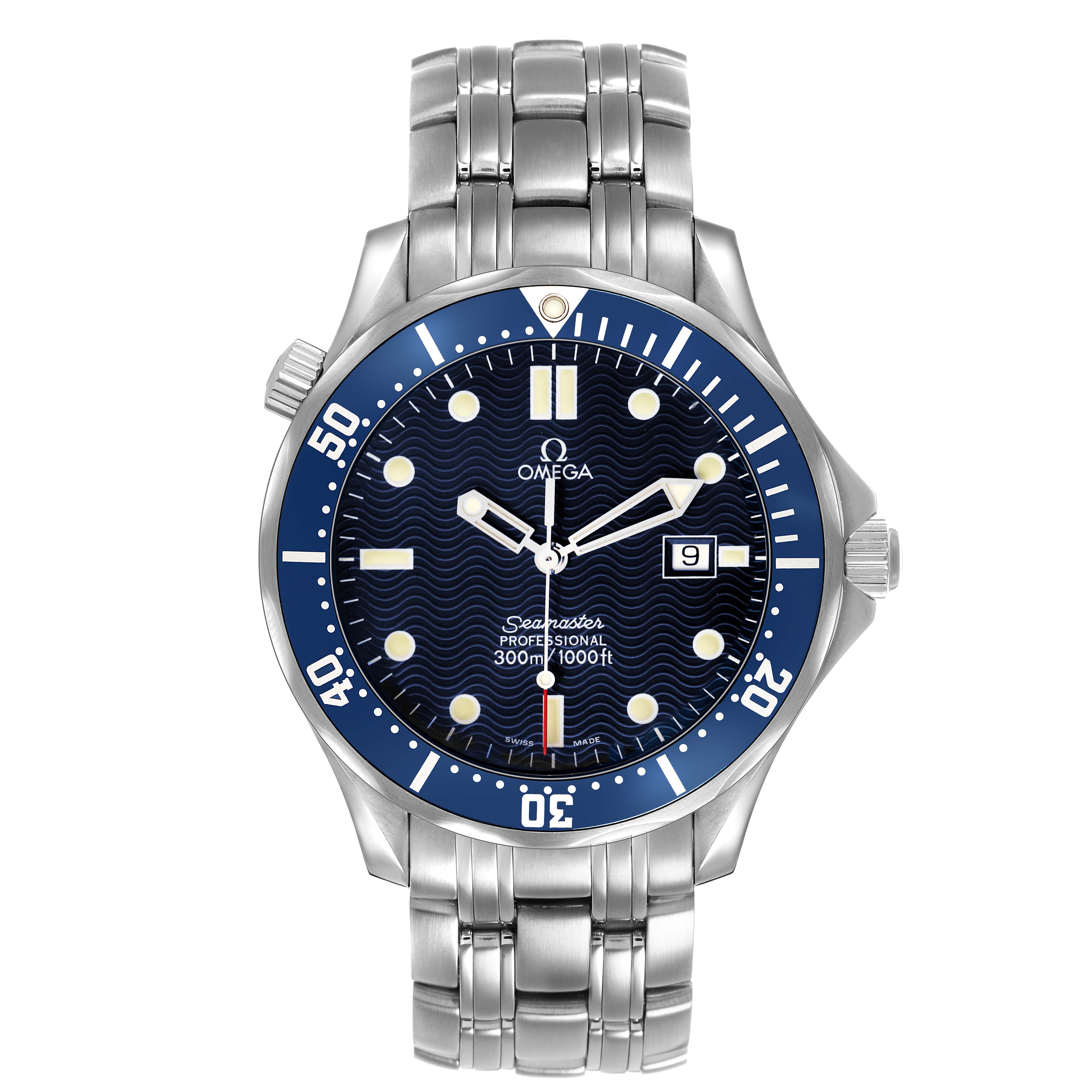 The Omega Seamaster 2541.80.00 Men's Stainless Steel Blue Dial watch is shown from a top view, displaying its face, bezel, crown, and stainless steel bracelet.