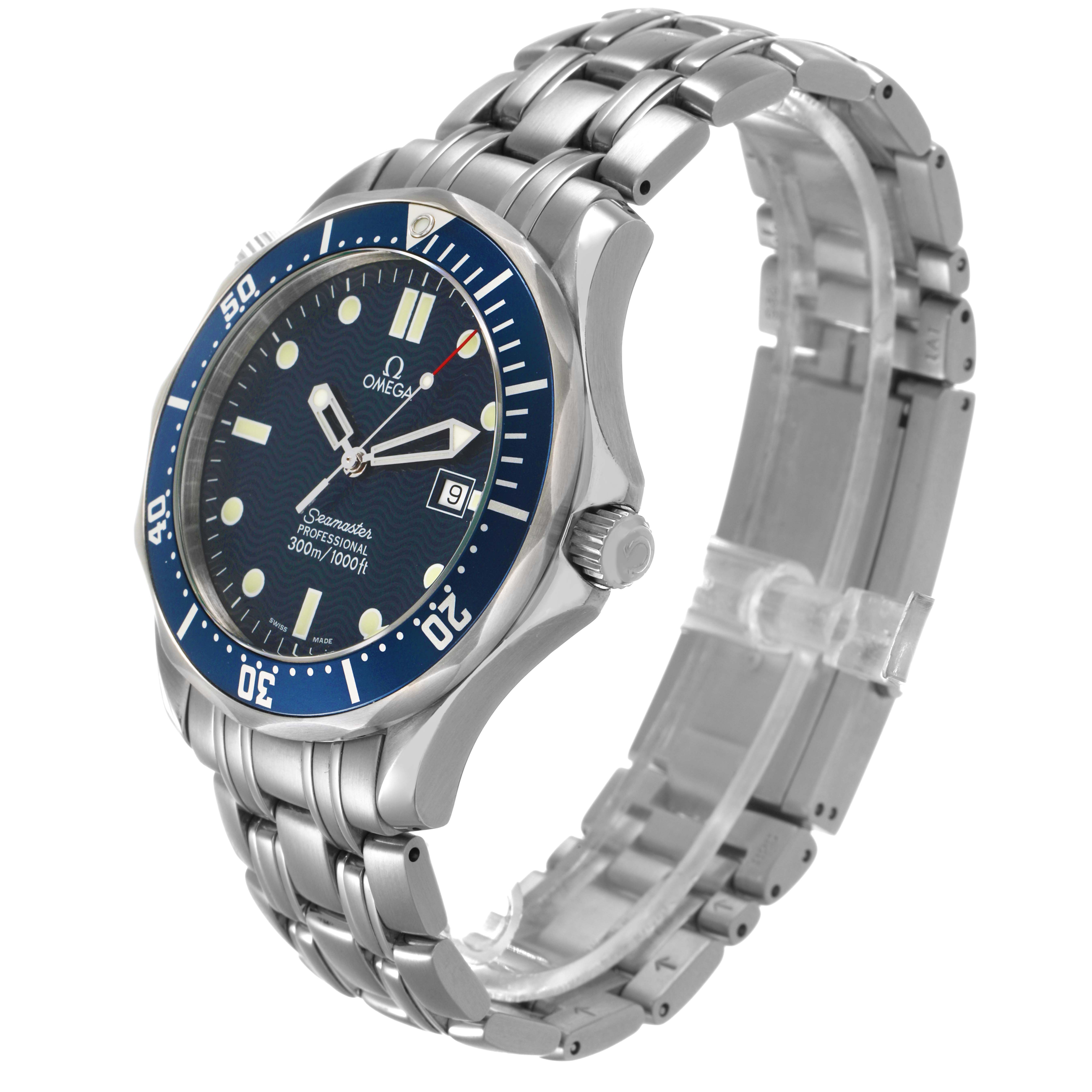 The Omega Seamaster 2541.80.00 Men's Stainless Steel Blue Dial watch is shown at a three-quarter angle displaying its face, bezel, crown, and metal bracelet.