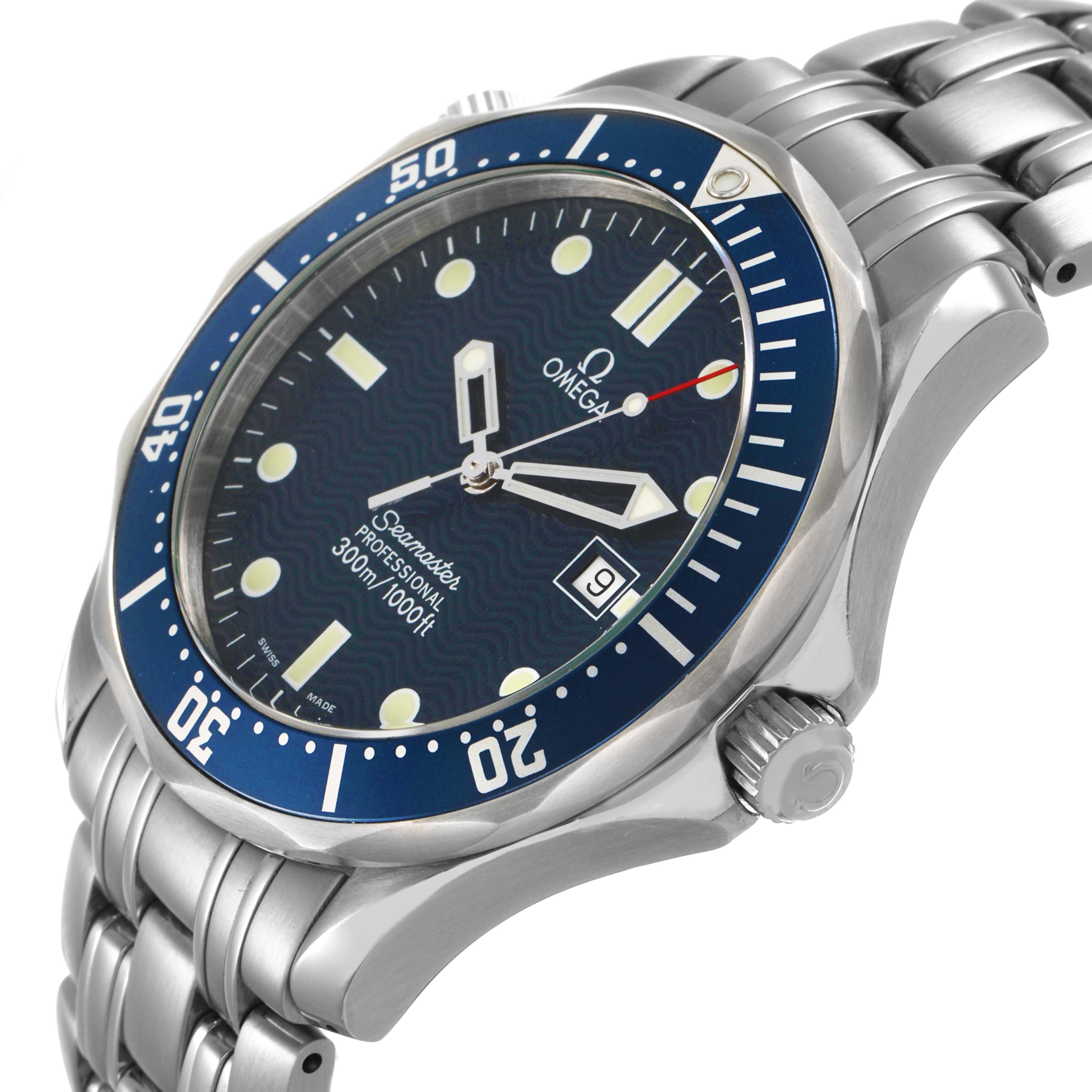 The Omega Seamaster 2541.80.00 Men's Stainless Steel Blue Dial watch is shown at an oblique angle, displaying its dial, bezel, crown, and bracelet links.