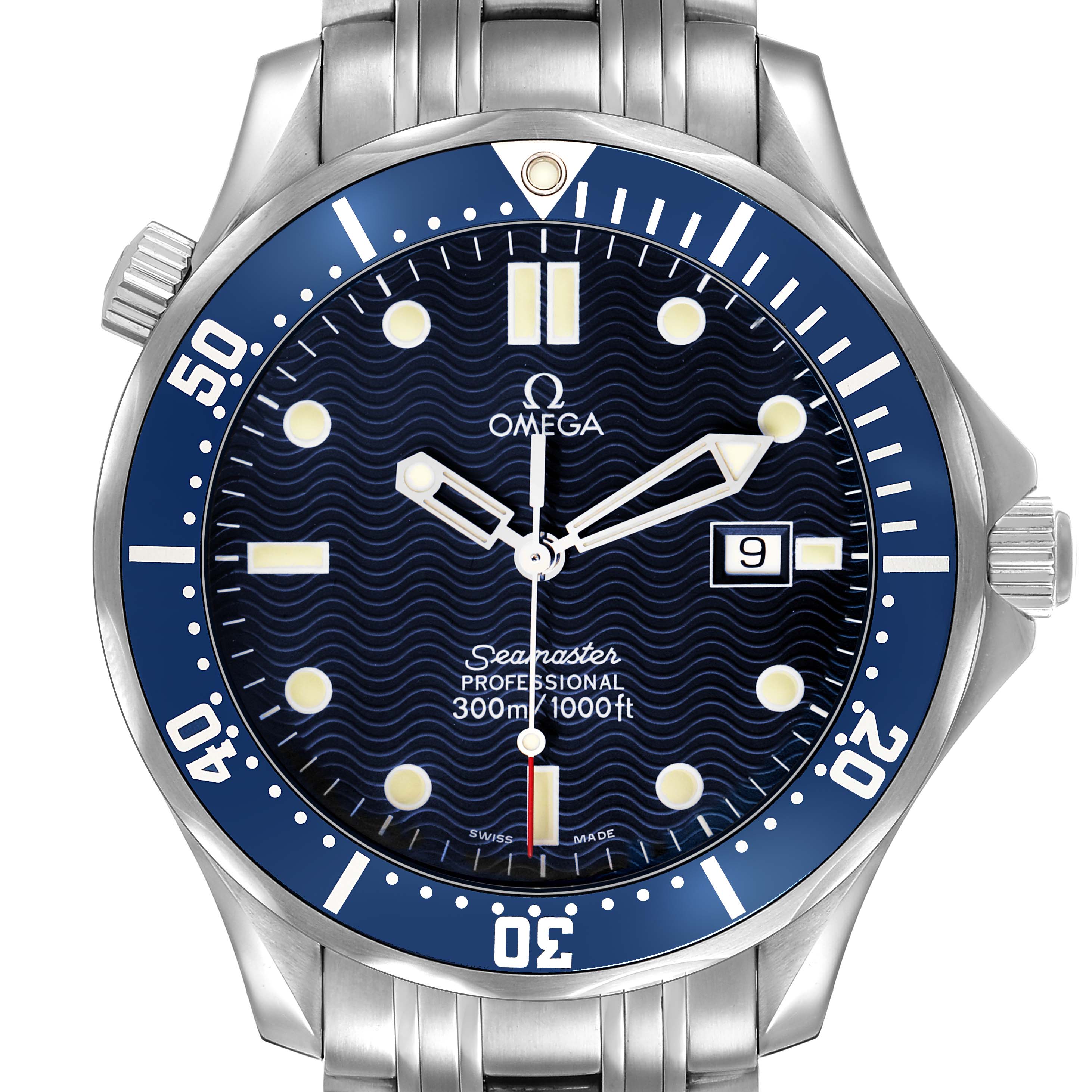 The Omega Seamaster 2541.80.00 Men's Stainless Steel Blue Dial watch is shown from the front, displaying its face, bezel, and bracelet.