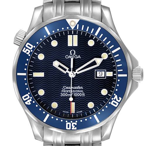 The Omega Seamaster 2541.80.00 Men's Stainless Steel Blue Dial watch is shown from a front angle displaying its dial, bezel, and bracelet.