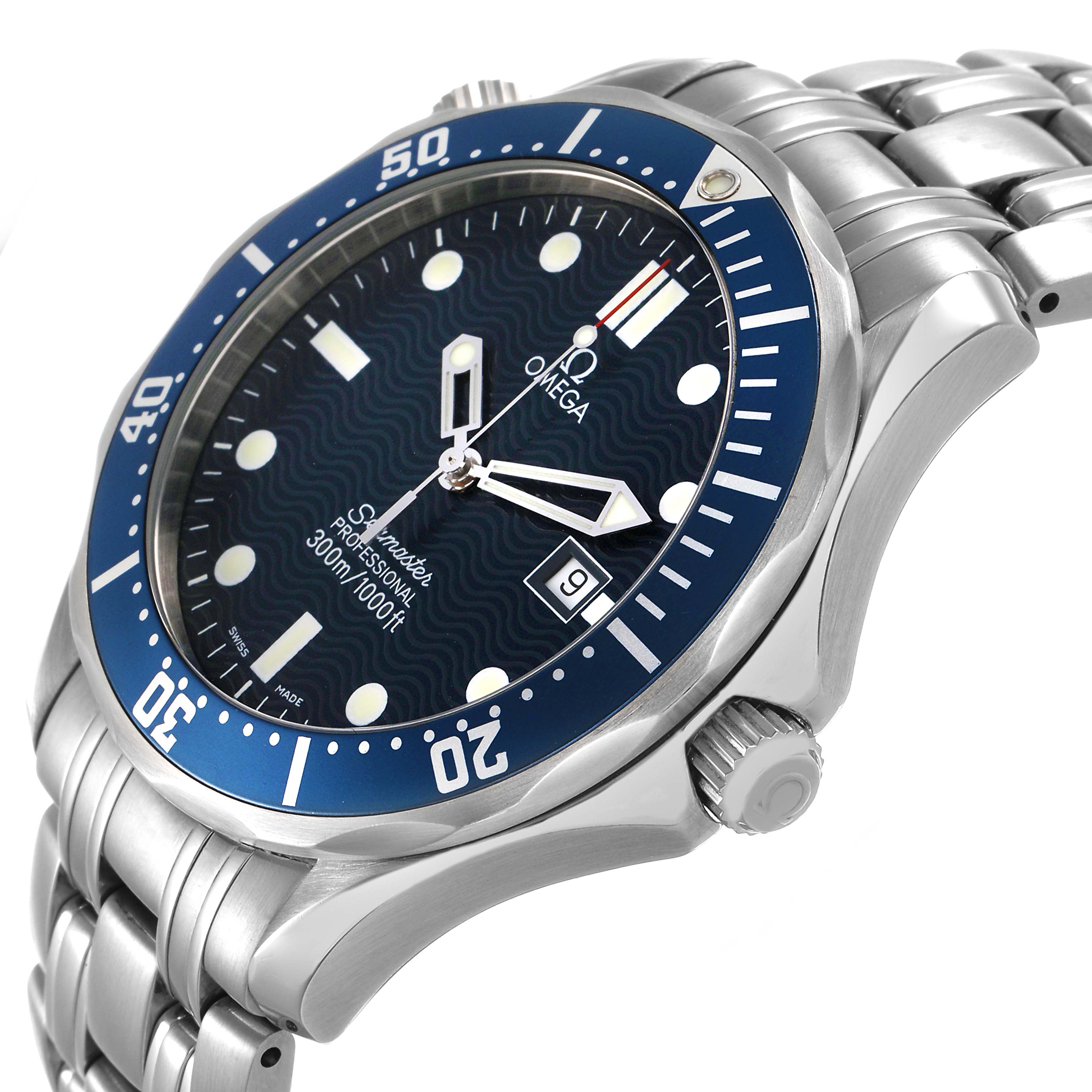 The Omega Seamaster 2541.80.00 Men's Stainless Steel Blue Dial watch is shown at an angled side view, detailing the bezel, dial, hands, and bracelet.