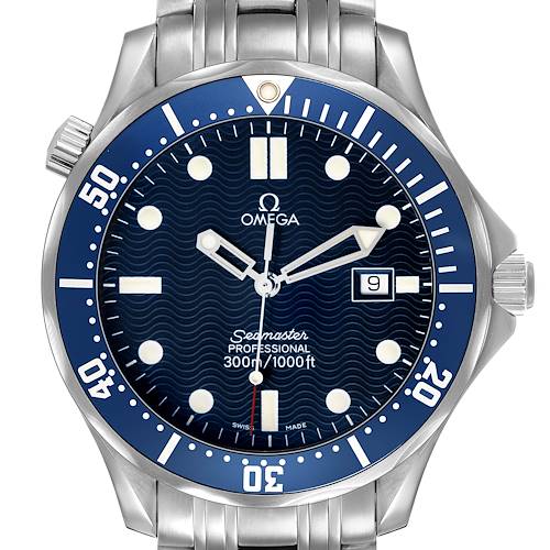 The image shows a frontal view of an Omega Seamaster 2541.80.00 Men's Stainless Steel Blue Dial watch, highlighting the dial, bezel, and crown.