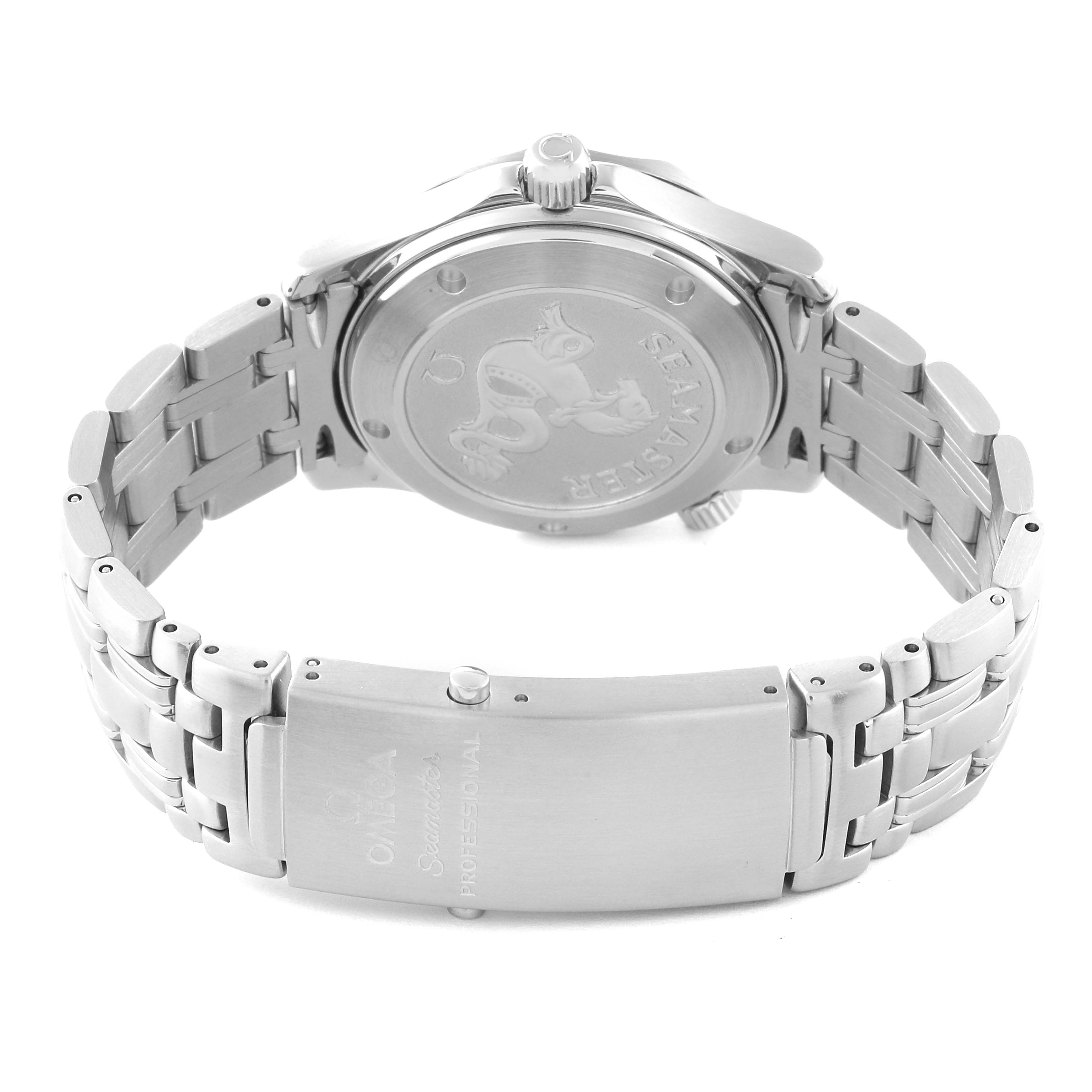 The image shows the back and clasp of an Omega Seamaster 2222.80.00 Men's Stainless Steel Blue Dial 2222.80.00 Men's Stainless Steel Blue Dial watch, highlighting its metal bracelet and case back.