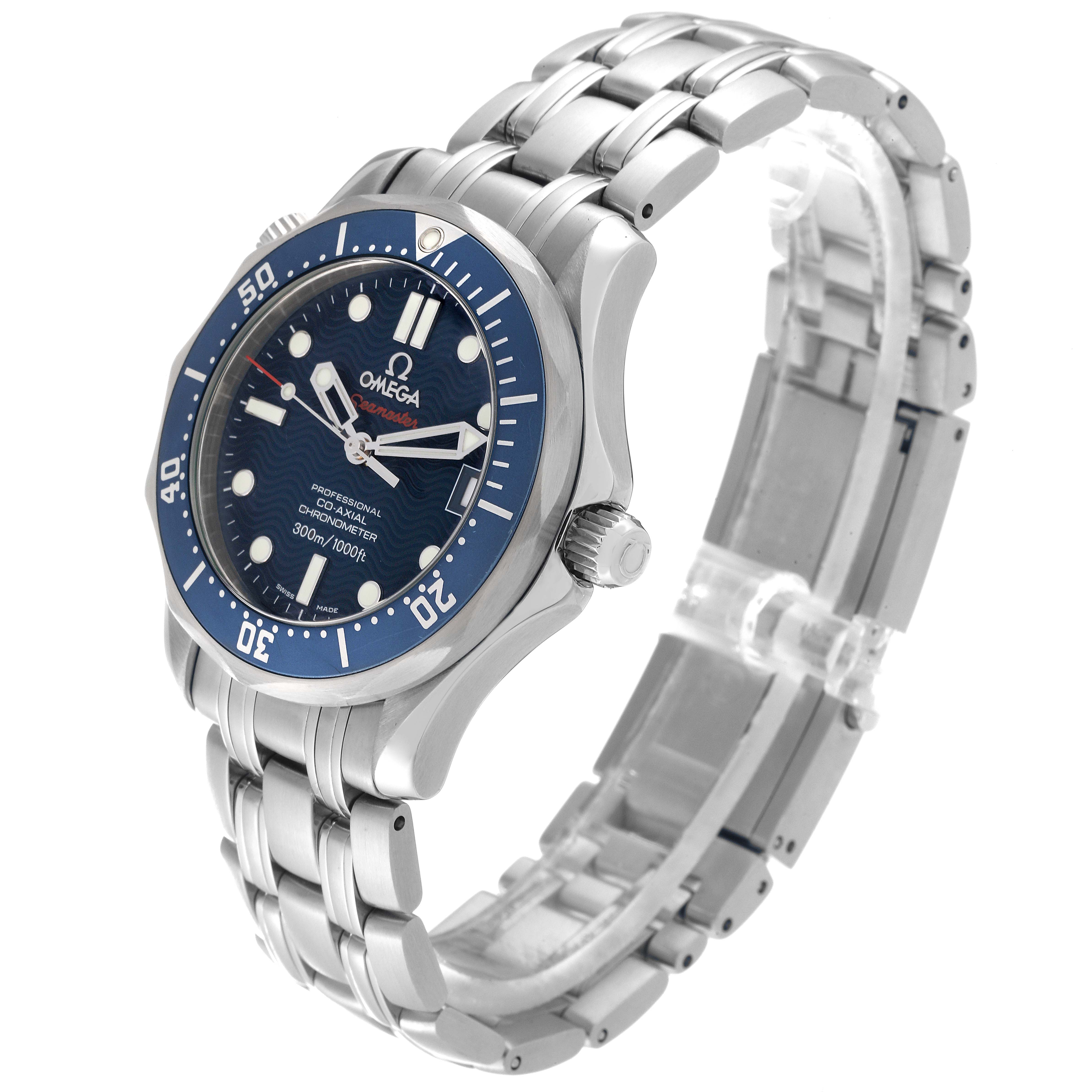 The watch is shown at a three-quarter angle highlighting the face, bezel, crown, and stainless steel bracelet of the Omega Seamaster 2222.80.00 Men's Stainless Steel Blue Dial 2222.80.00 Men's Stainless Steel Blue Dial model.