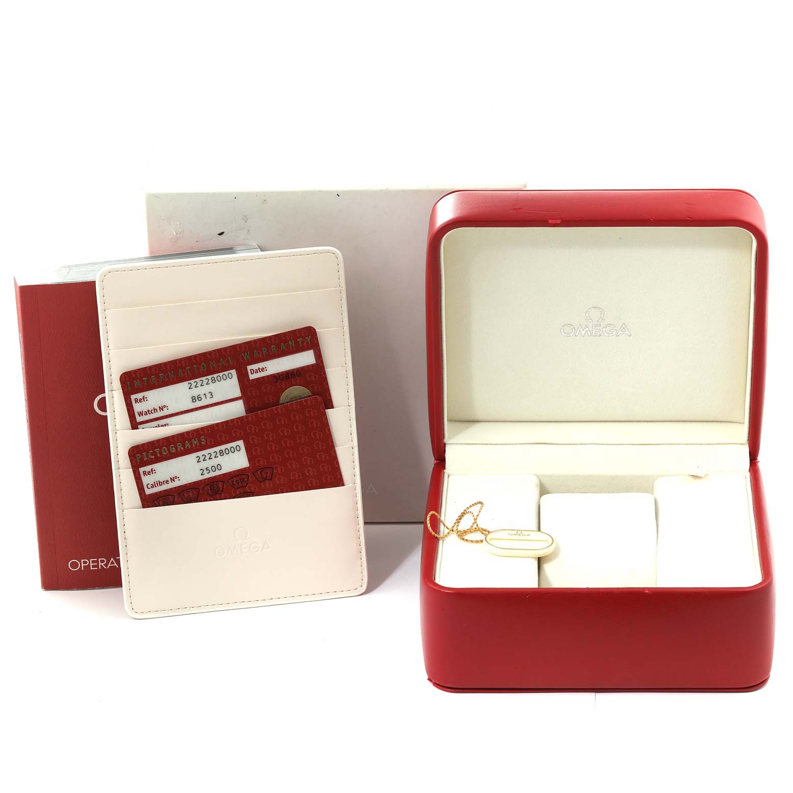 The image shows the packaging, warranty cards, and box for an Omega Seamaster 2222.80.00 Men's Stainless Steel Blue Dial 2222.80.00 Men's Stainless Steel Blue Dial watch.