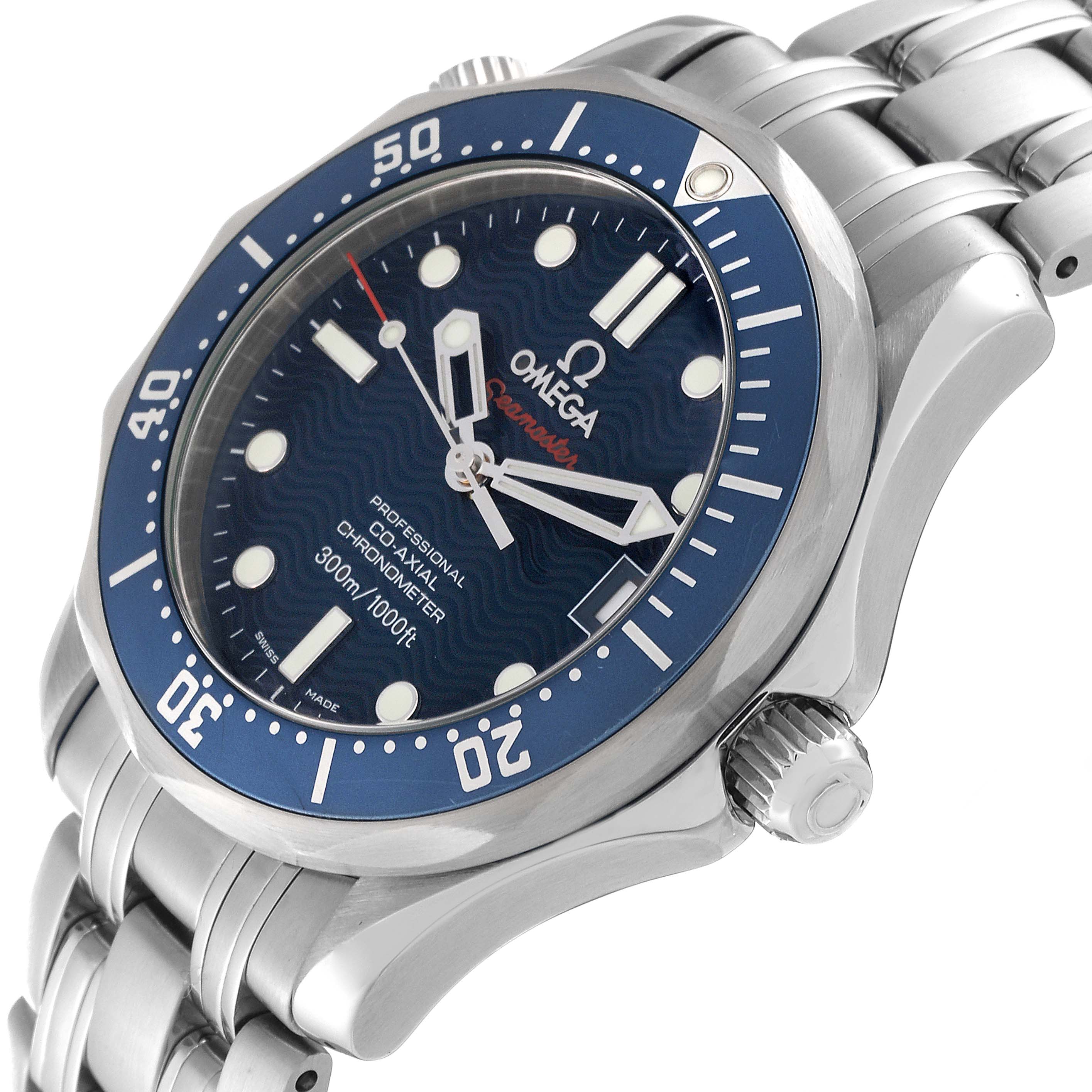 The image shows a close-up side angle of an Omega Seamaster 2222.80.00 Men's Stainless Steel Blue Dial 2222.80.00 Men's Stainless Steel Blue Dial watch, highlighting the bezel, dial, crown, and part of the bracelet.