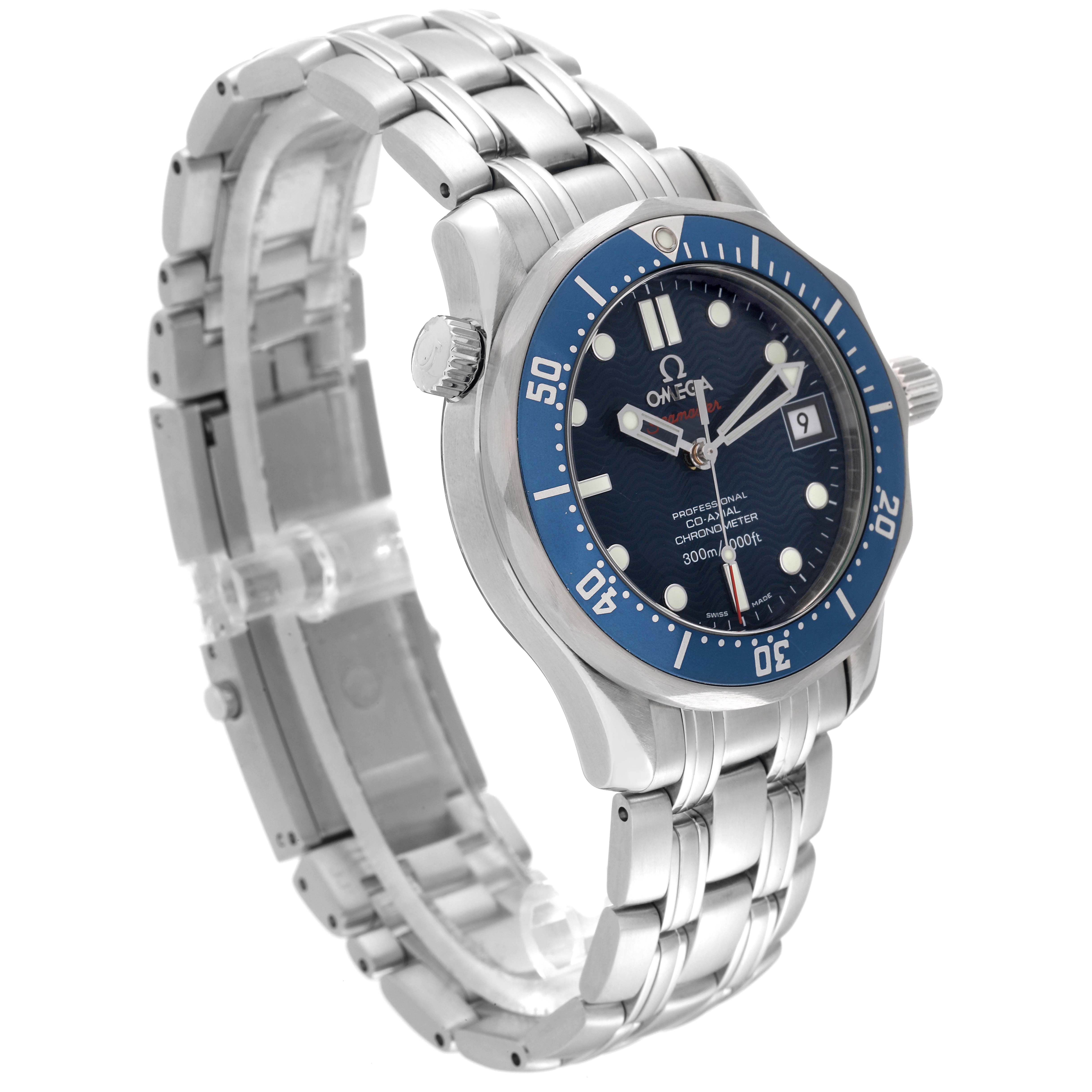 The Omega Seamaster 2222.80.00 Men's Stainless Steel Blue Dial 2222.80.00 Men's Stainless Steel Blue Dial watch is shown at an angled side view, displaying the dial, bezel, crown, and metal bracelet.