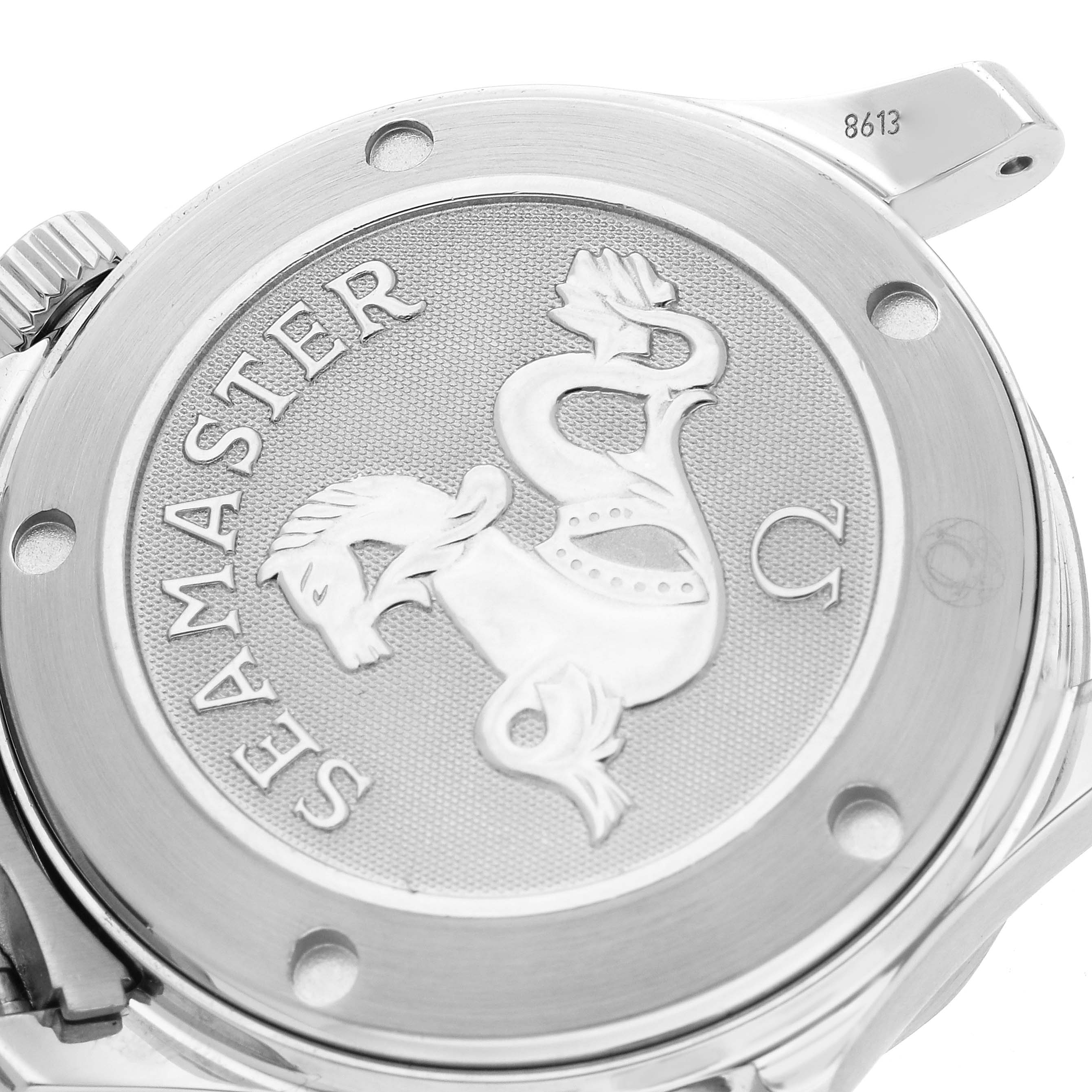 This image shows the case back of an Omega Seamaster 2222.80.00 Men's Stainless Steel Blue Dial 2222.80.00 Men's Stainless Steel Blue Dial watch, featuring the emblem and text.