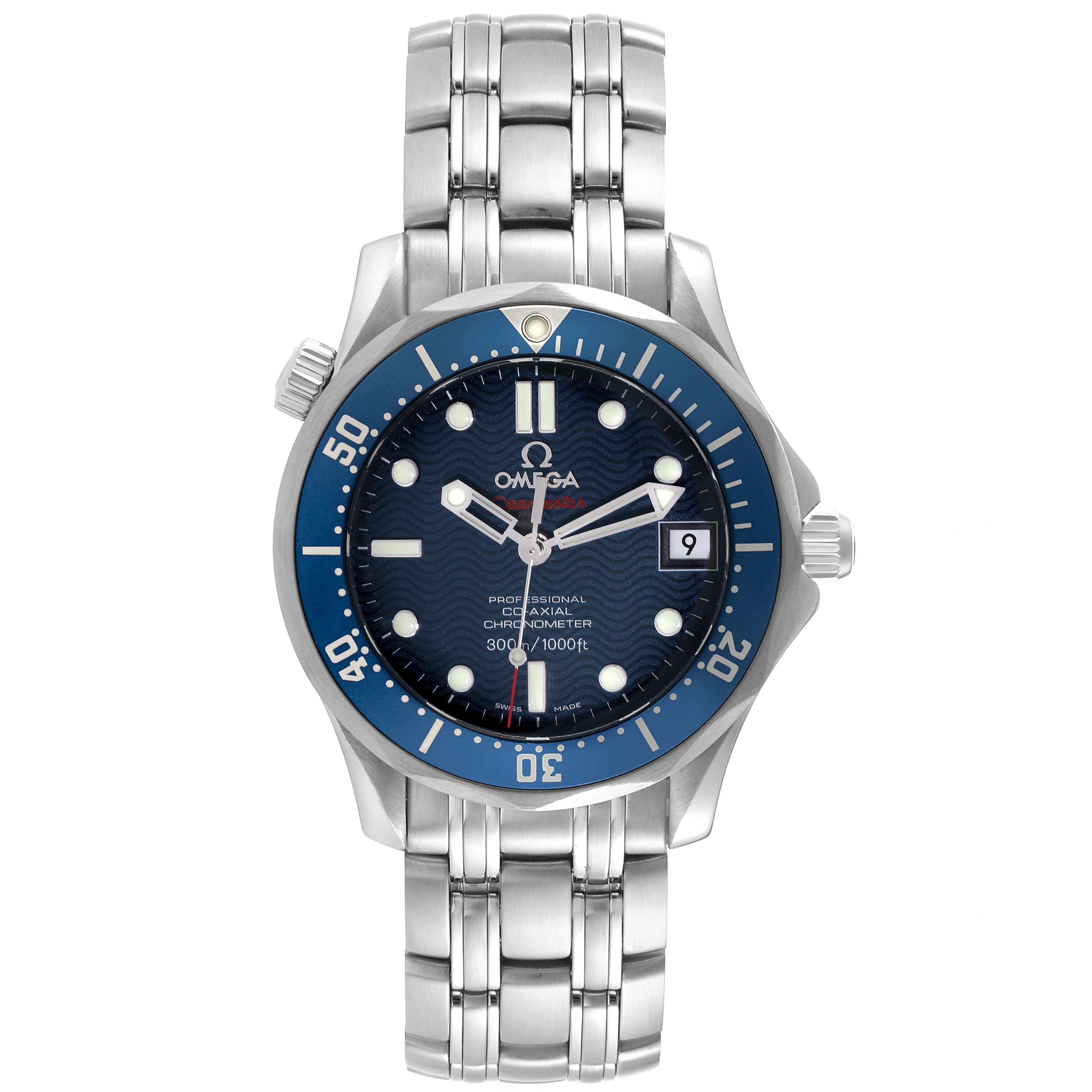 The image shows a frontal view of an Omega Seamaster 2222.80.00 Men's Stainless Steel Blue Dial 2222.80.00 Men's Stainless Steel Blue Dial watch, highlighting the blue dial, bezel, and metal bracelet.