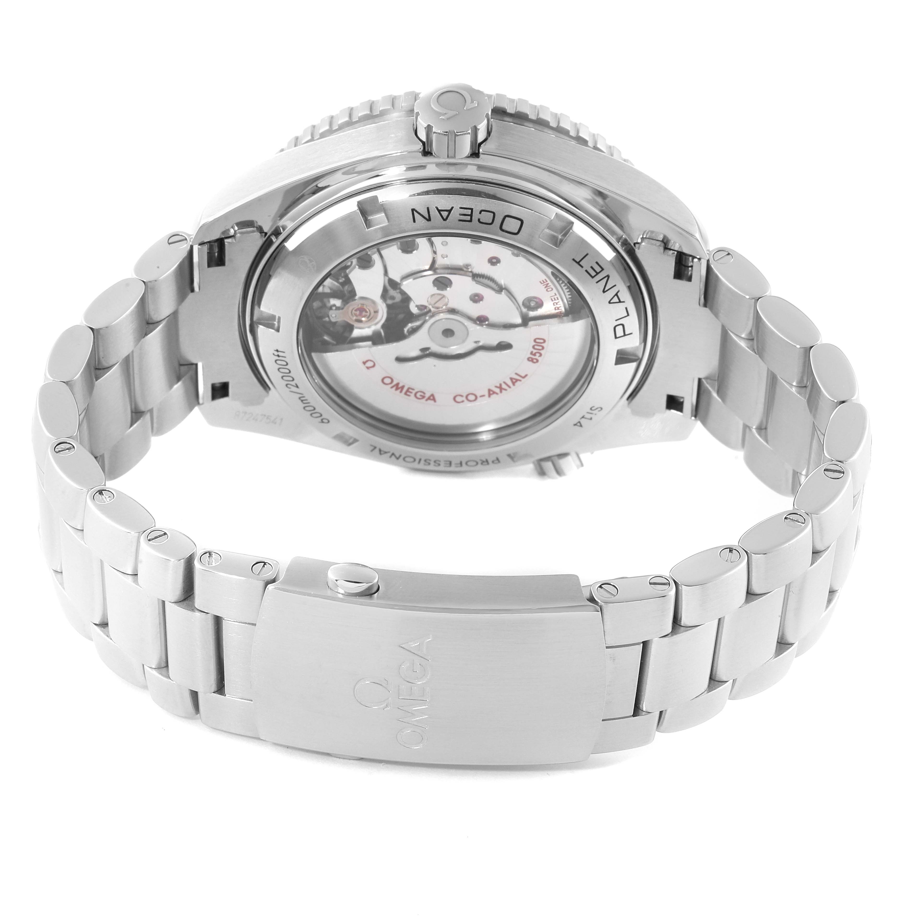 This image shows the back view of the Omega Planet Ocean 232.30.46.21.01.002 Men's Stainless Steel Black Dial 232.30.46.21.01.002 Men's Stainless Steel Black Dial watch, highlighting the movement and bracelet.