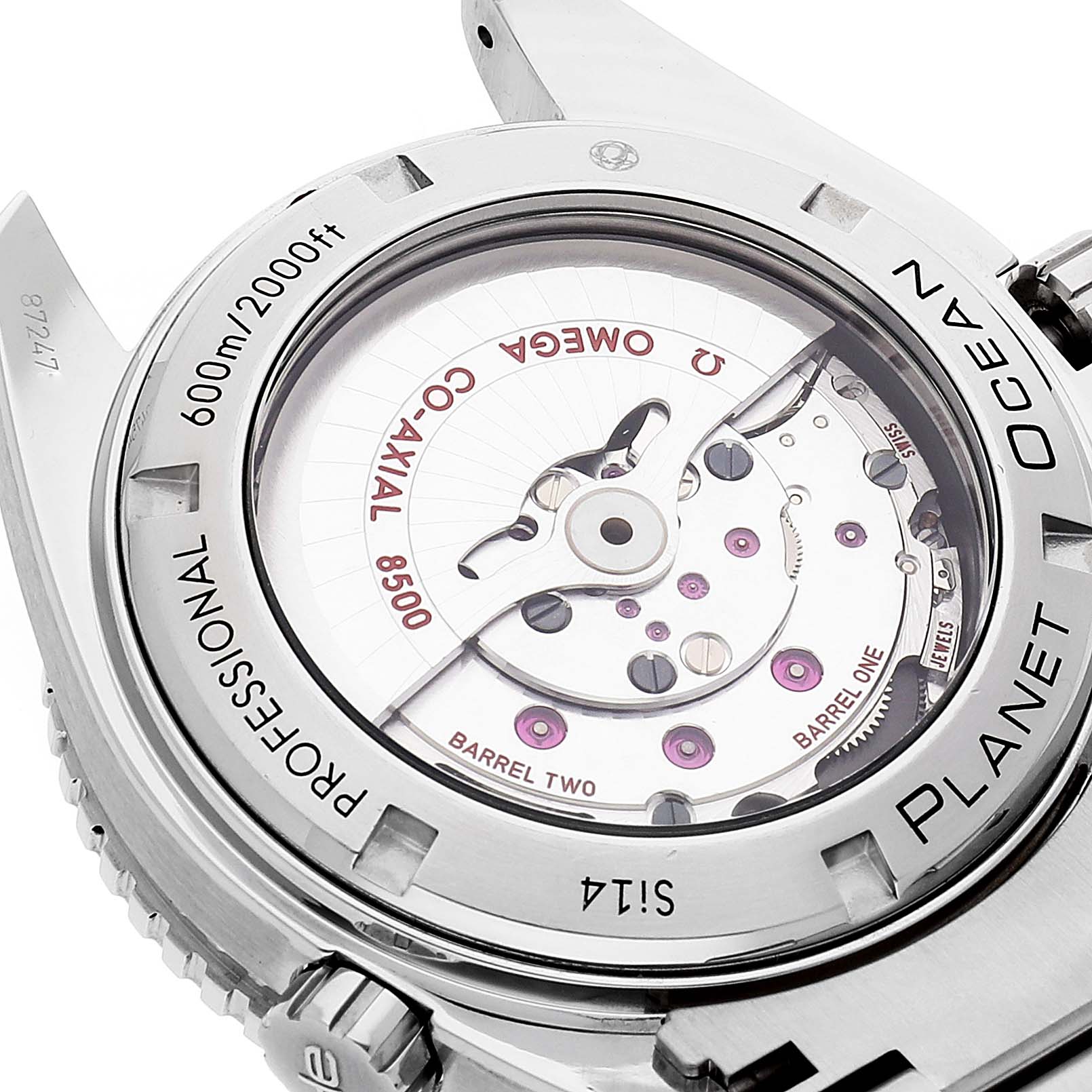 The image shows the back view of an Omega Planet Ocean 232.30.46.21.01.002 Men's Stainless Steel Black Dial 232.30.46.21.01.002 Men's Stainless Steel Black Dial watch, exposing its movement and internal mechanics.