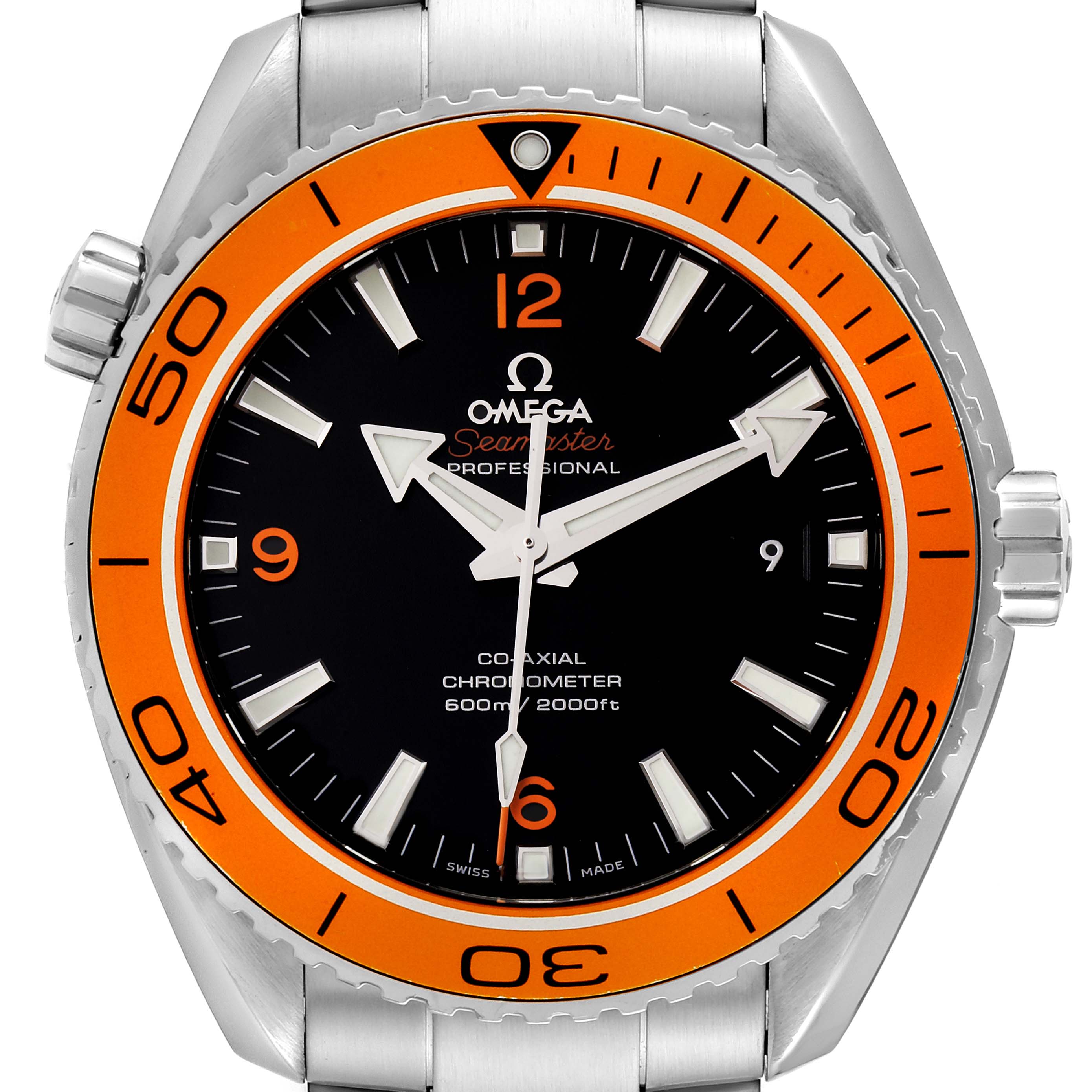 This image shows a front view of the Omega Planet Ocean 232.30.46.21.01.002 Men's Stainless Steel Black Dial 232.30.46.21.01.002 Men's Stainless Steel Black Dial model, displaying its dial, bezel, hands, and part of the bracelet.