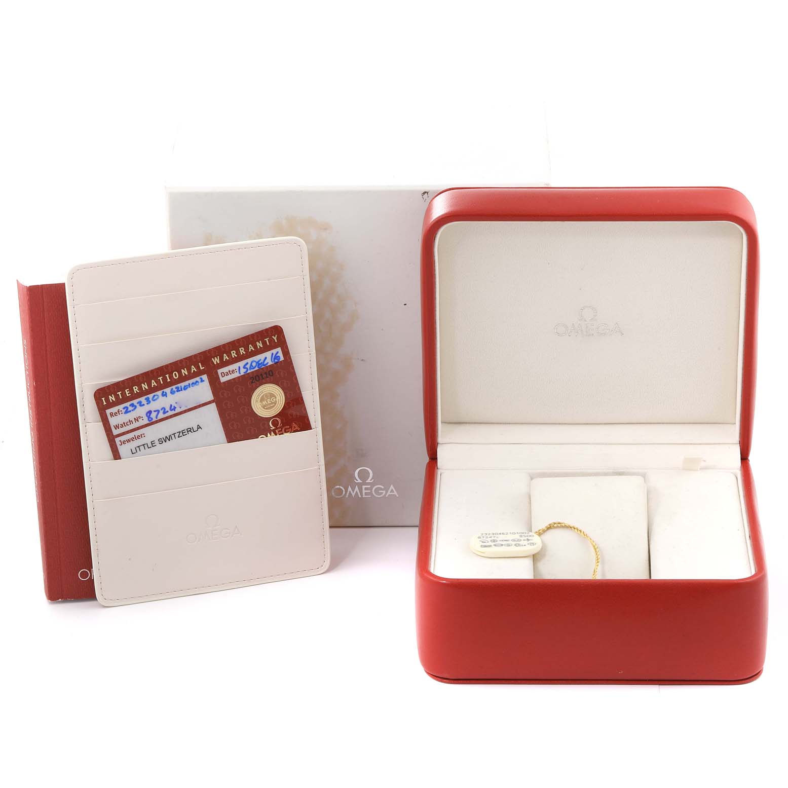 The image shows the Omega Planet Ocean 232.30.46.21.01.002 Men's Stainless Steel Black Dial 232.30.46.21.01.002 Men's Stainless Steel Black Dial watch's packaging including the box, warranty card holder, and accessories.