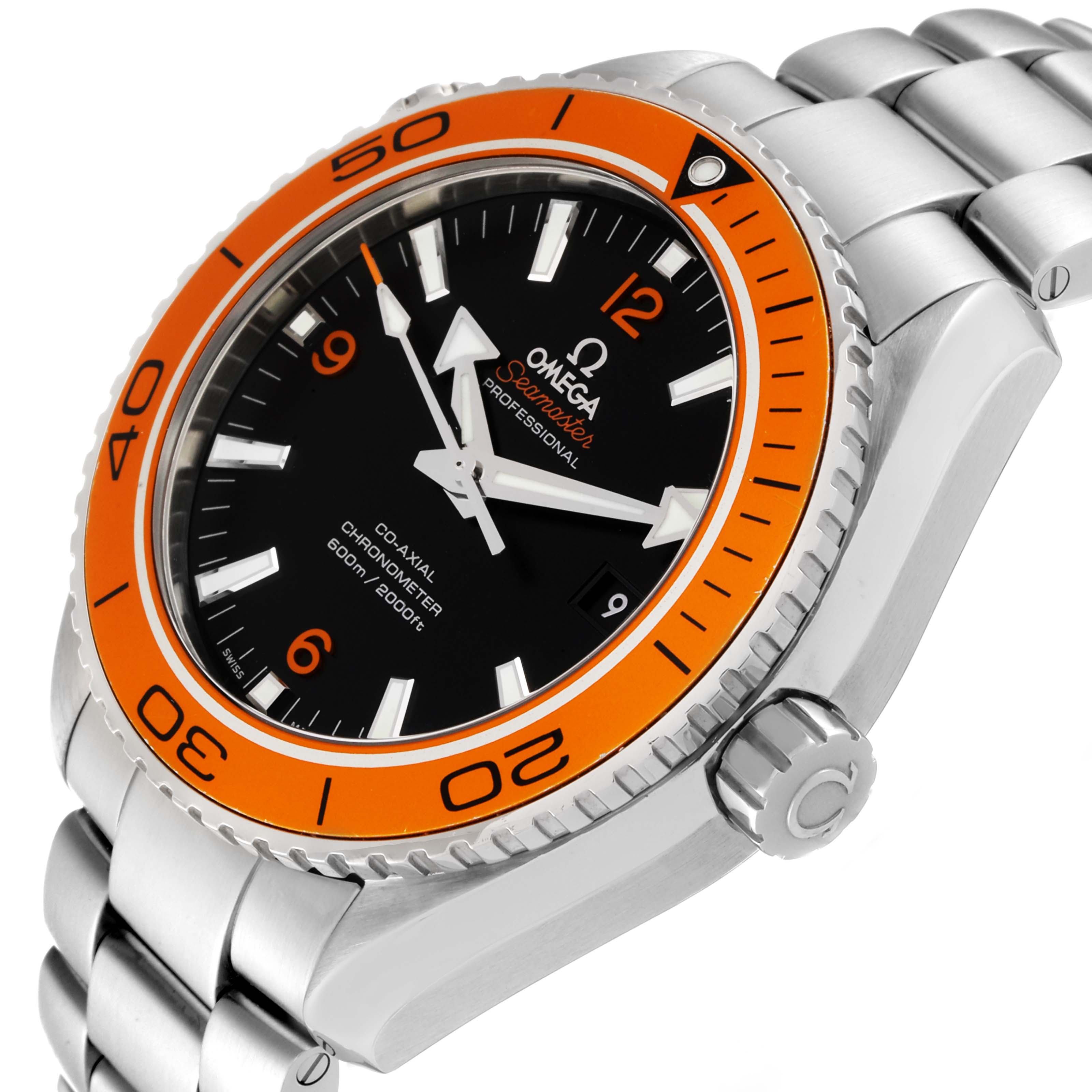 The image shows an angled view of the Omega Planet Ocean 232.30.46.21.01.002 Men's Stainless Steel Black Dial 232.30.46.21.01.002 Men's Stainless Steel Black Dial watch, highlighting its orange bezel, black dial, and stainless steel bracelet.