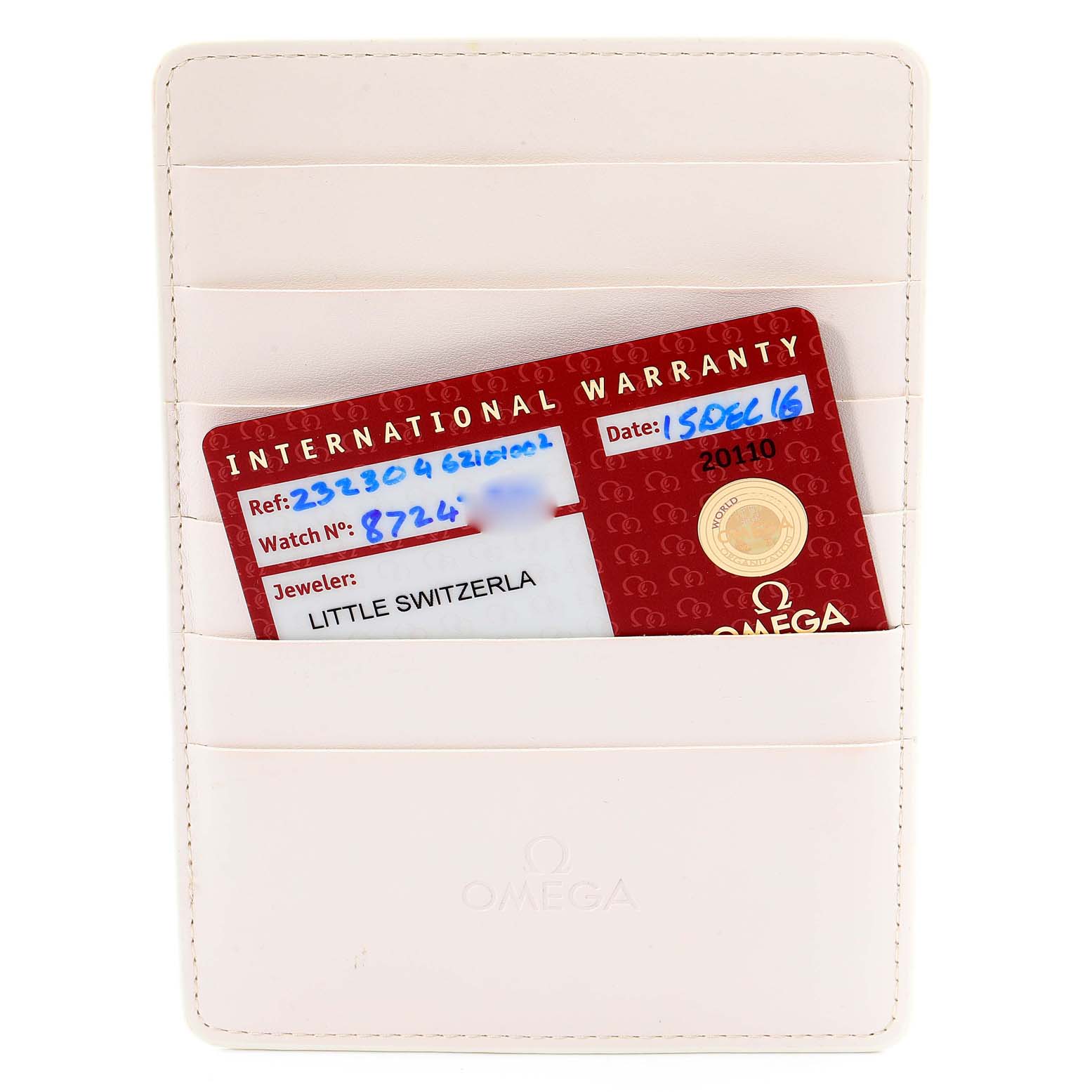 The image shows an Omega International Warranty card for a Planet Ocean model in a white Omega cardholder, viewed from the front.