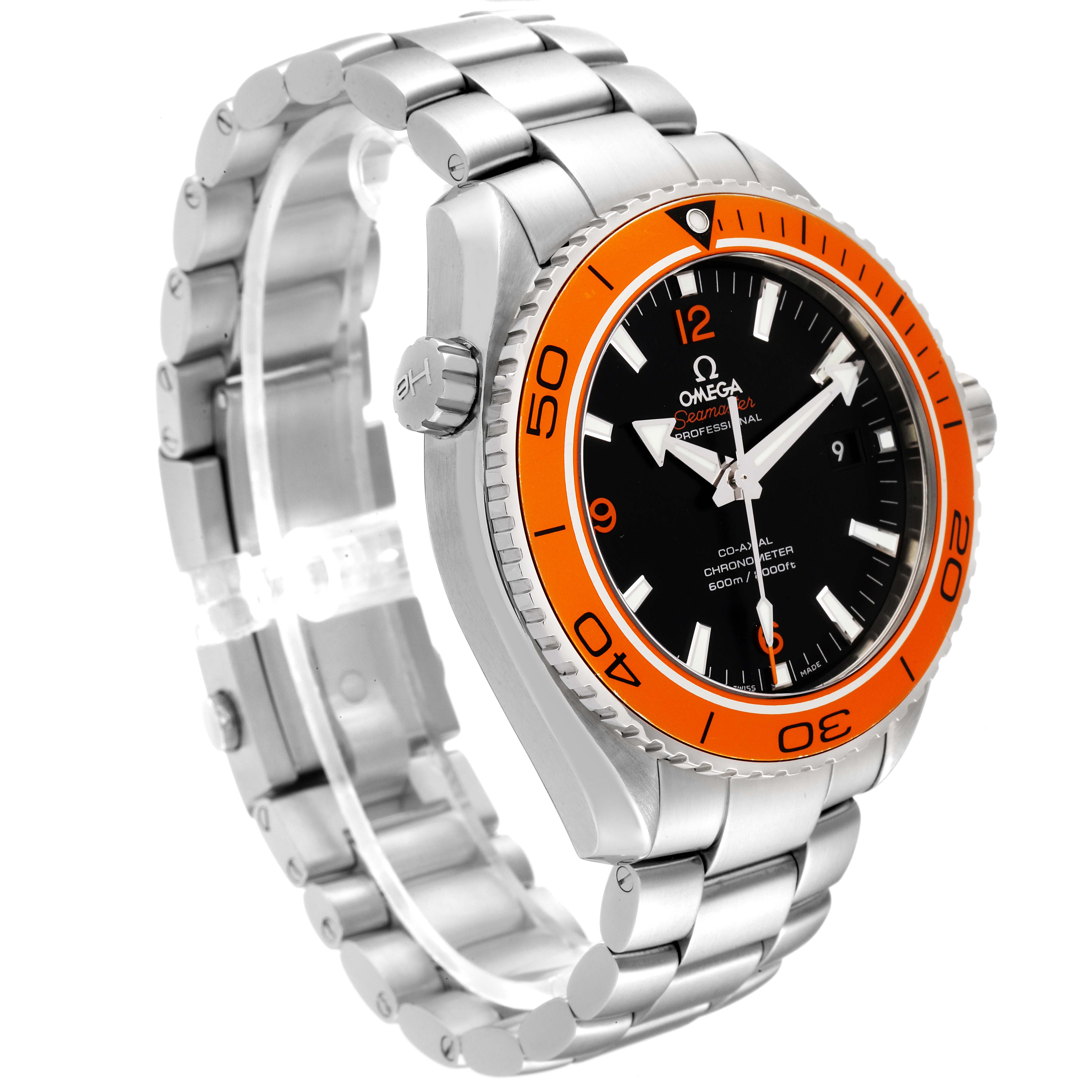 The image shows the front and left side of the Omega Planet Ocean 232.30.46.21.01.002 Men's Stainless Steel Black Dial 232.30.46.21.01.002 Men's Stainless Steel Black Dial watch, including the bezel, dial, crown, and bracelet.