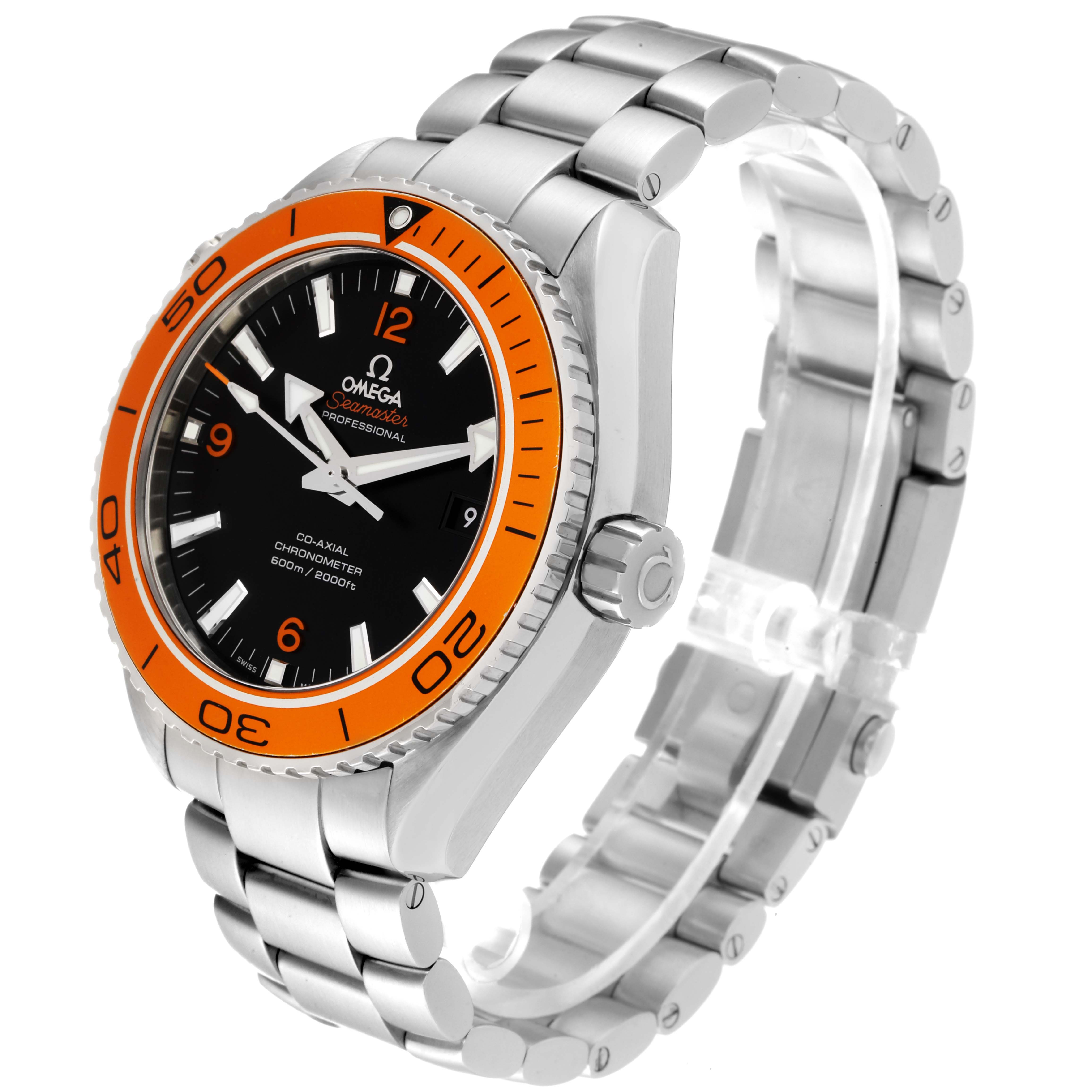 The Omega Planet Ocean 232.30.46.21.01.002 Men's Stainless Steel Black Dial 232.30.46.21.01.002 Men's Stainless Steel Black Dial watch is shown at a slightly angled side view, displaying its orange bezel, black dial, and silver stainless steel bracelet.