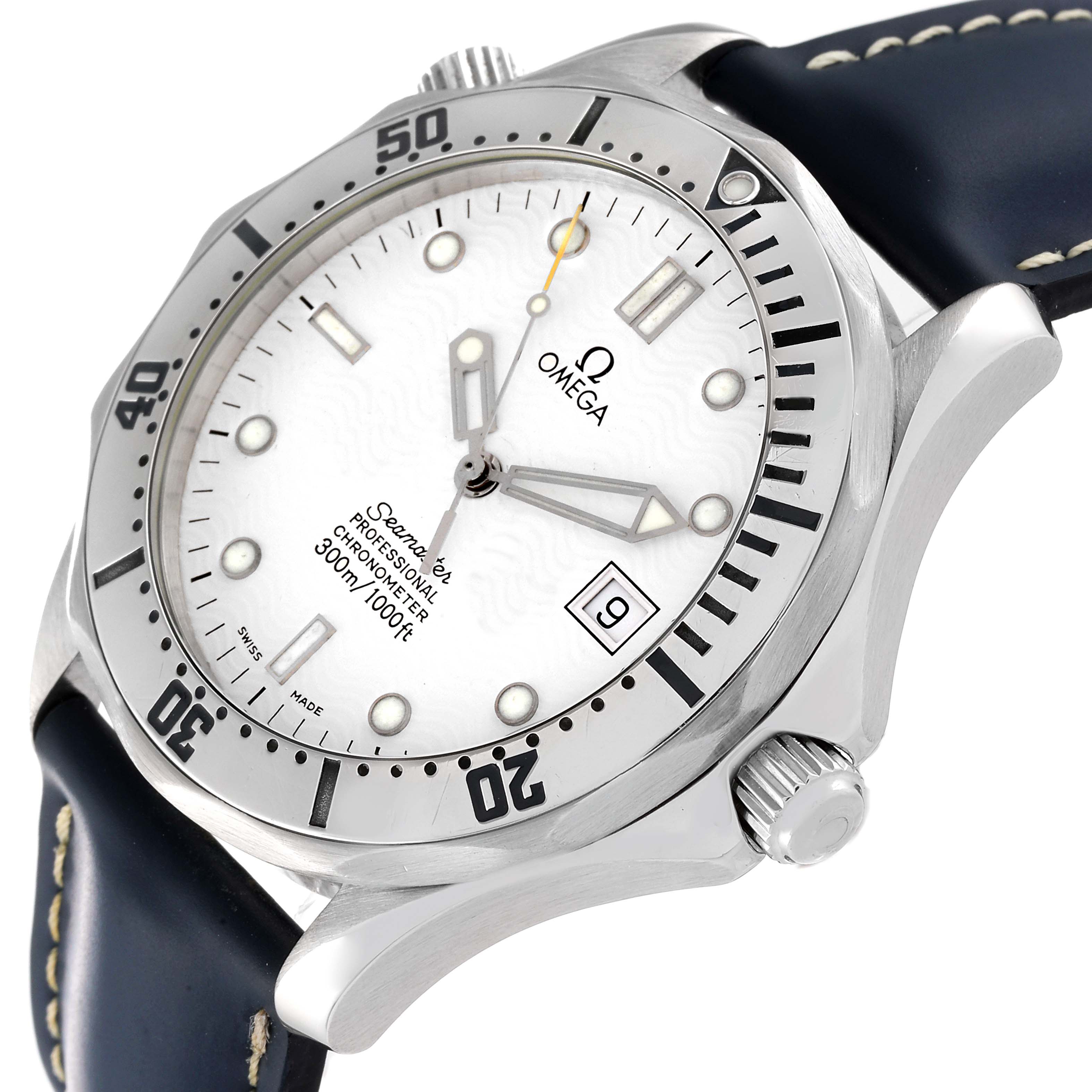 The image shows a close-up of an Omega Seamaster 2532.20.00 Men's Stainless Steel White Dial 2532.20.00 Men's Stainless Steel White Dial watch, featuring the bezel, dial, hands, and crown, with parts of the navy blue strap visible.