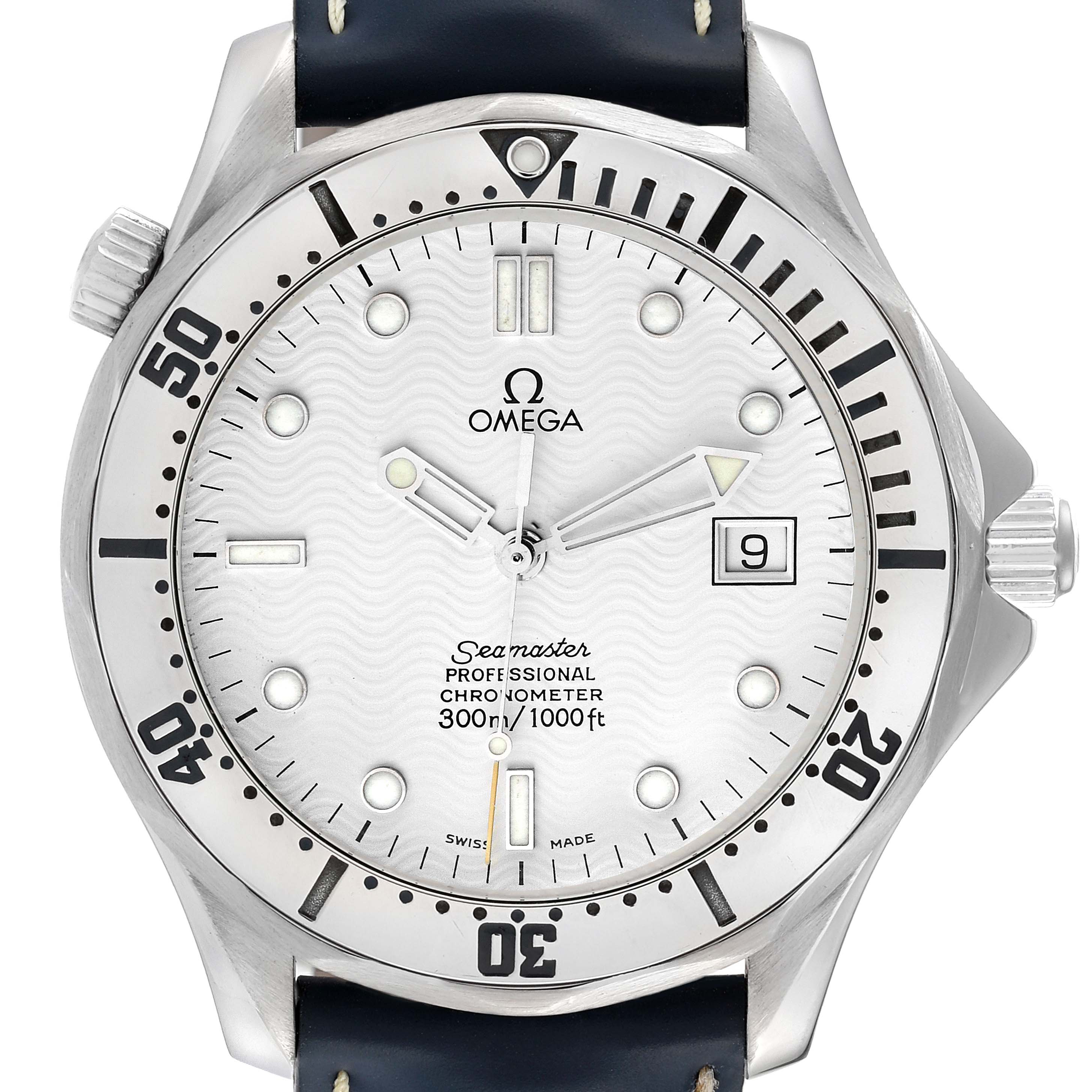 The image shows a front view of an Omega Seamaster 2532.20.00 Men's Stainless Steel White Dial 2532.20.00 Men's Stainless Steel White Dial watch, highlighting its face, bezel, crown, and part of the leather strap.