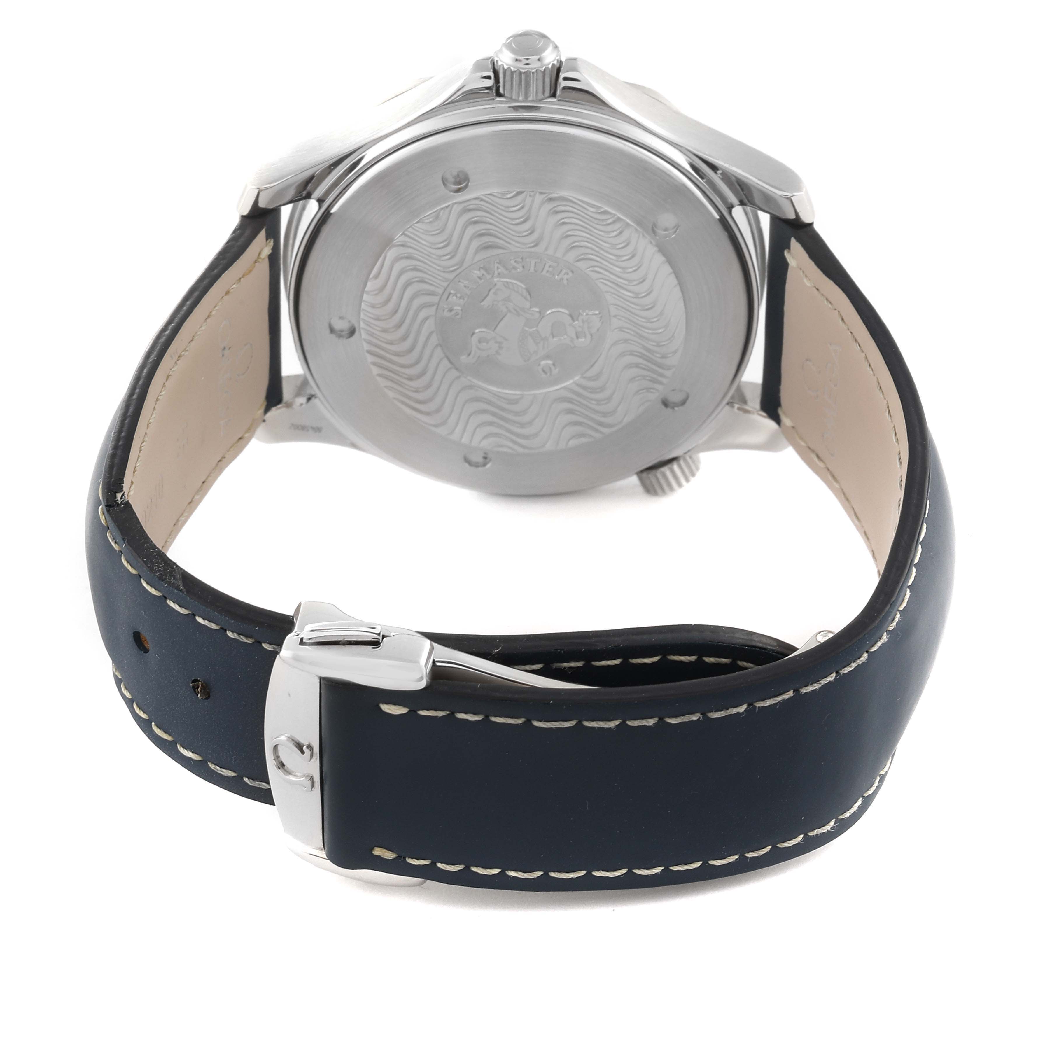 The image shows the back view of the Omega Seamaster 2532.20.00 Men's Stainless Steel White Dial 2532.20.00 Men's Stainless Steel White Dial watch, highlighting its case back, crown, and leather strap with stitching.