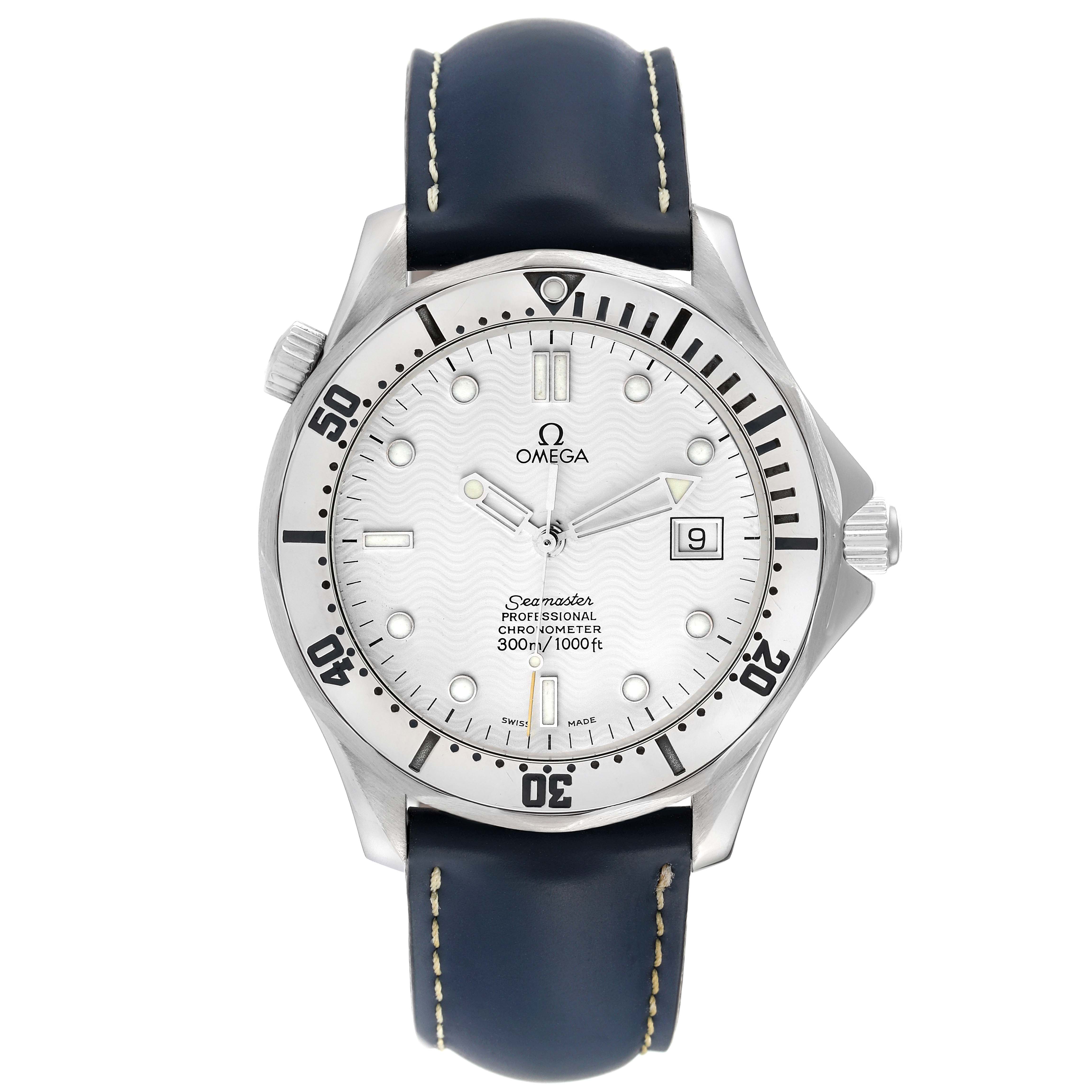 The Omega Seamaster 2532.20.00 Men's Stainless Steel White Dial 2532.20.00 Men's Stainless Steel White Dial watch is shown from a front angle, displaying its dial, bezel, crown, and blue leather strap.