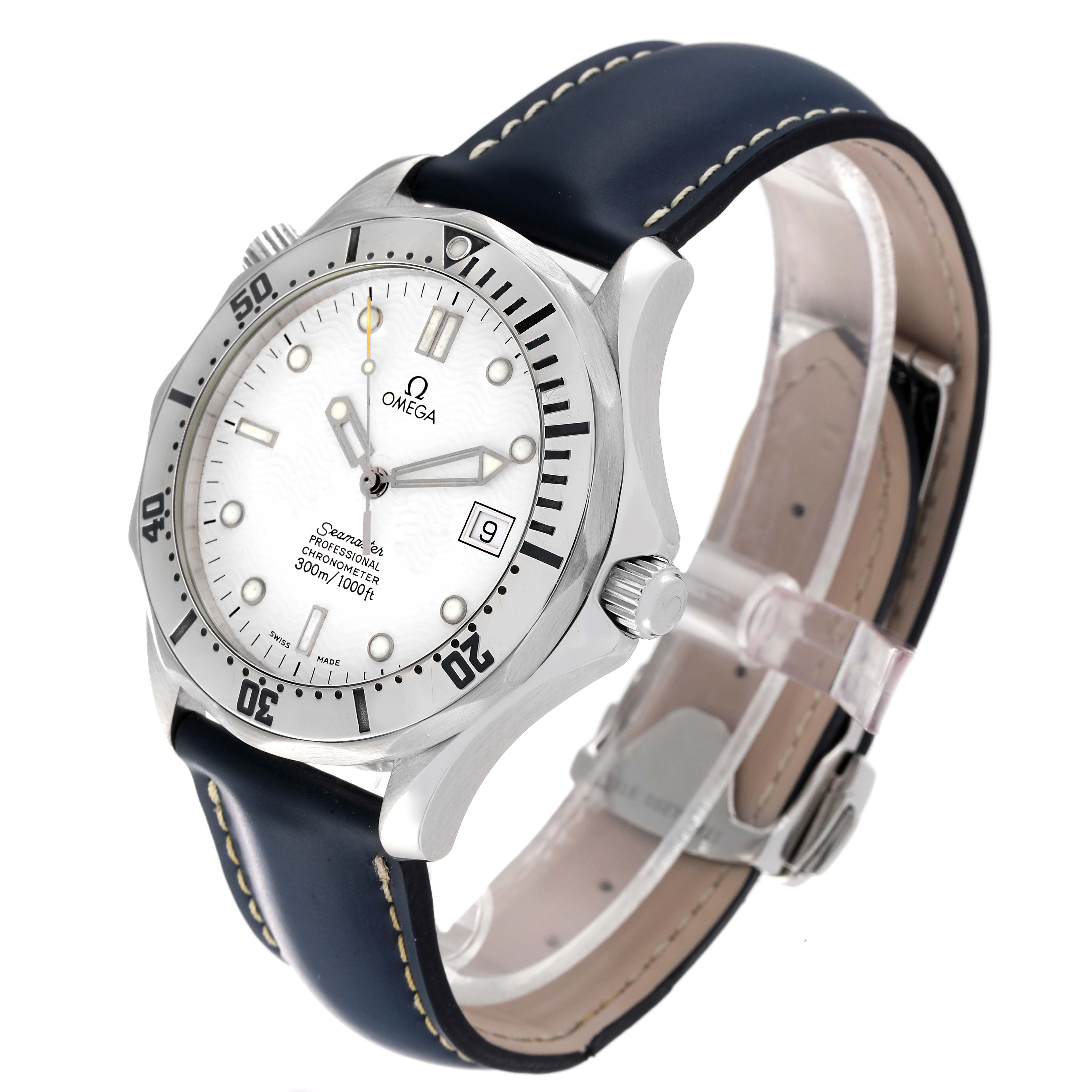 The Omega Seamaster 2532.20.00 Men's Stainless Steel White Dial 2532.20.00 Men's Stainless Steel White Dial watch is shown at an angled side view, displaying the face, bezel, crown, and leather strap.