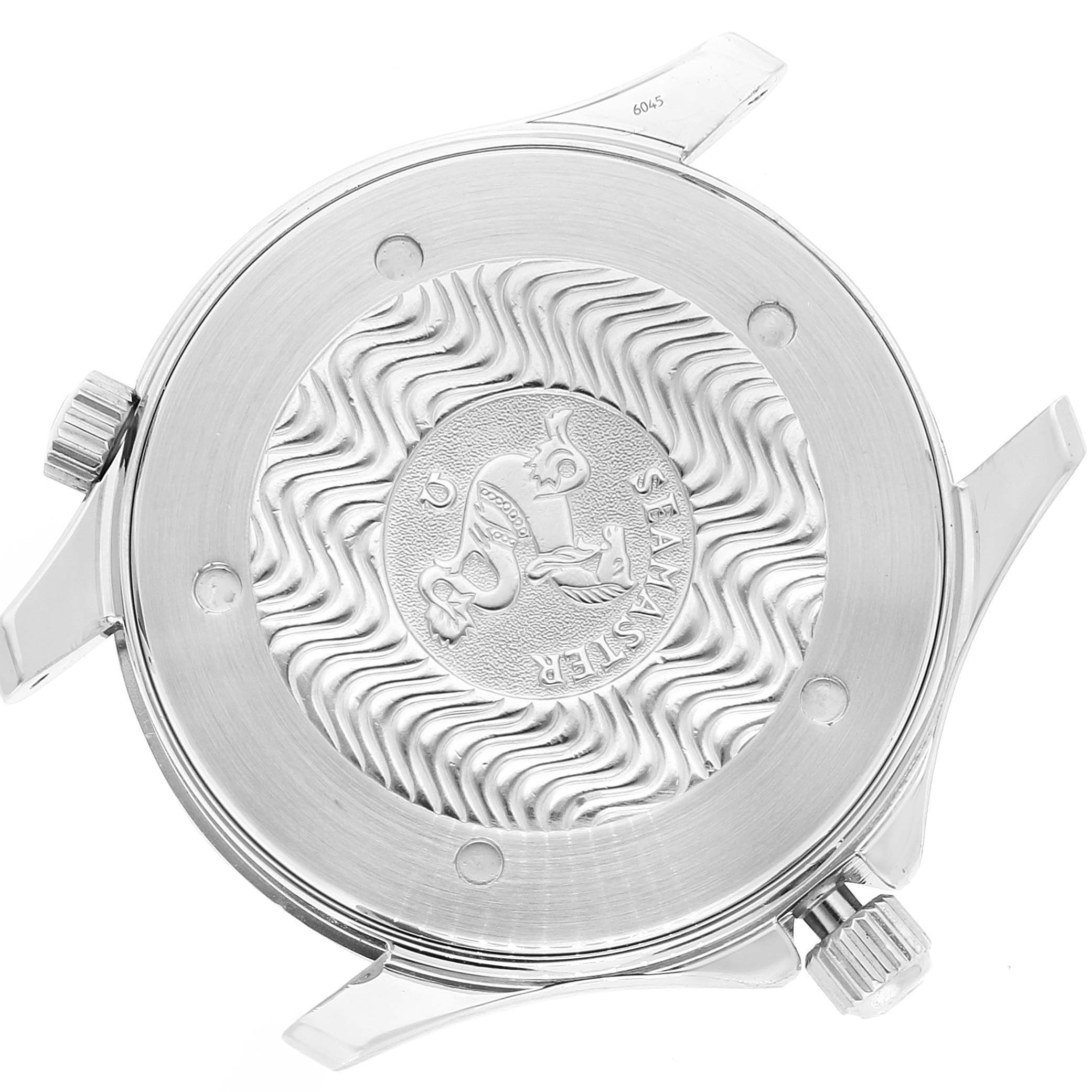 This image shows the back case of an Omega Seamaster 2532.20.00 Men's Stainless Steel White Dial 2532.20.00 Men's Stainless Steel White Dial watch, highlighting the engraved pattern and crown.