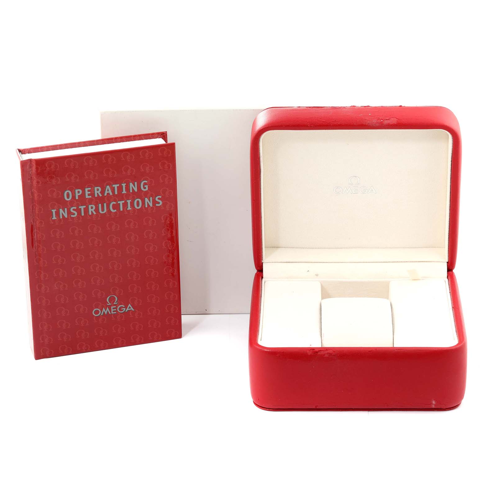 The image shows an Omega Seamaster 2532.20.00 Men's Stainless Steel White Dial 2532.20.00 Men's Stainless Steel White Dial's red watch box and an operating instructions manual.