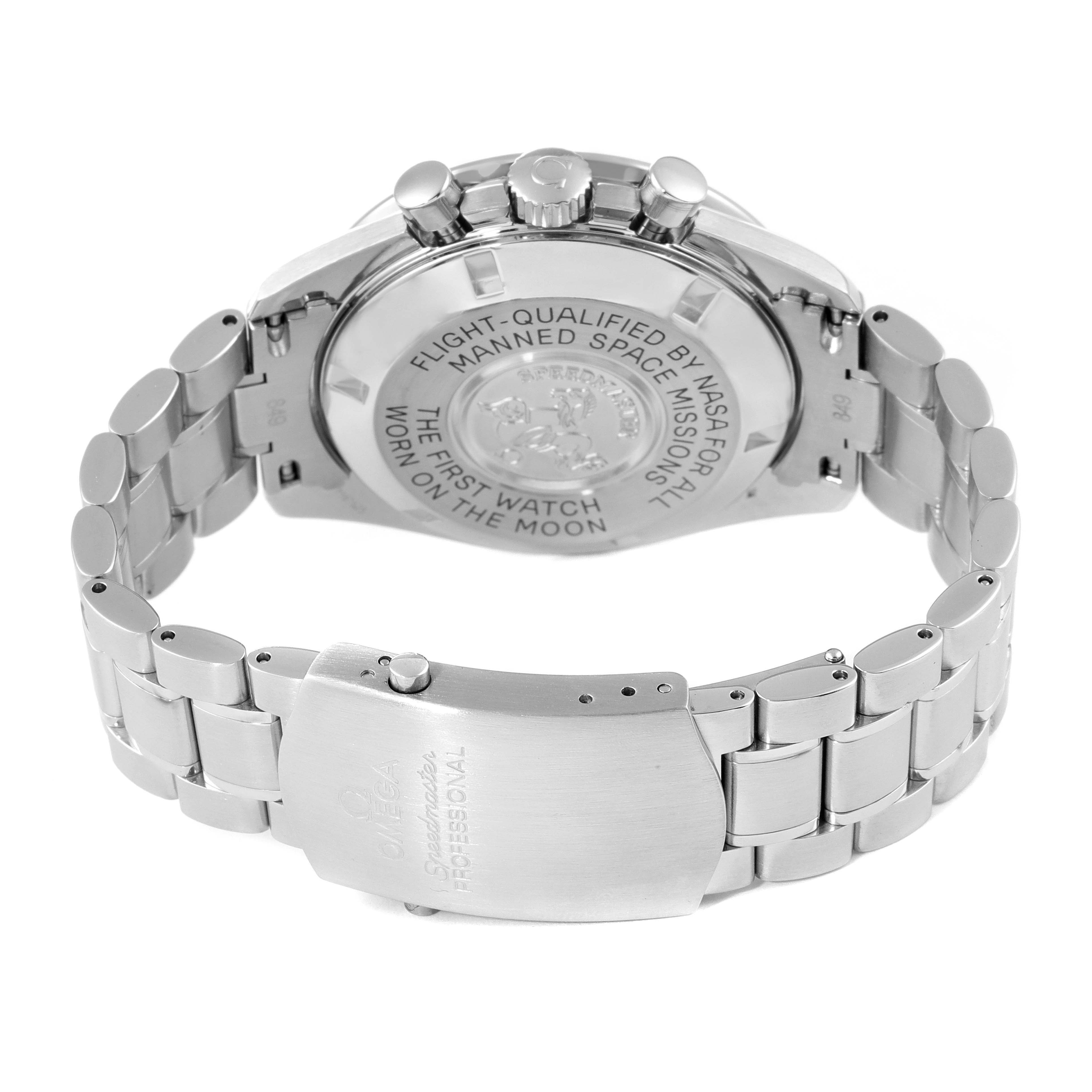 The image shows the back and clasp of an Omega Speedmaster 3570.50.00 Men
s Stainless Steel Black Dial 3570.50.00 Men
s Stainless Steel Black Dial watch, highlighting its bracelet and engraved case back.