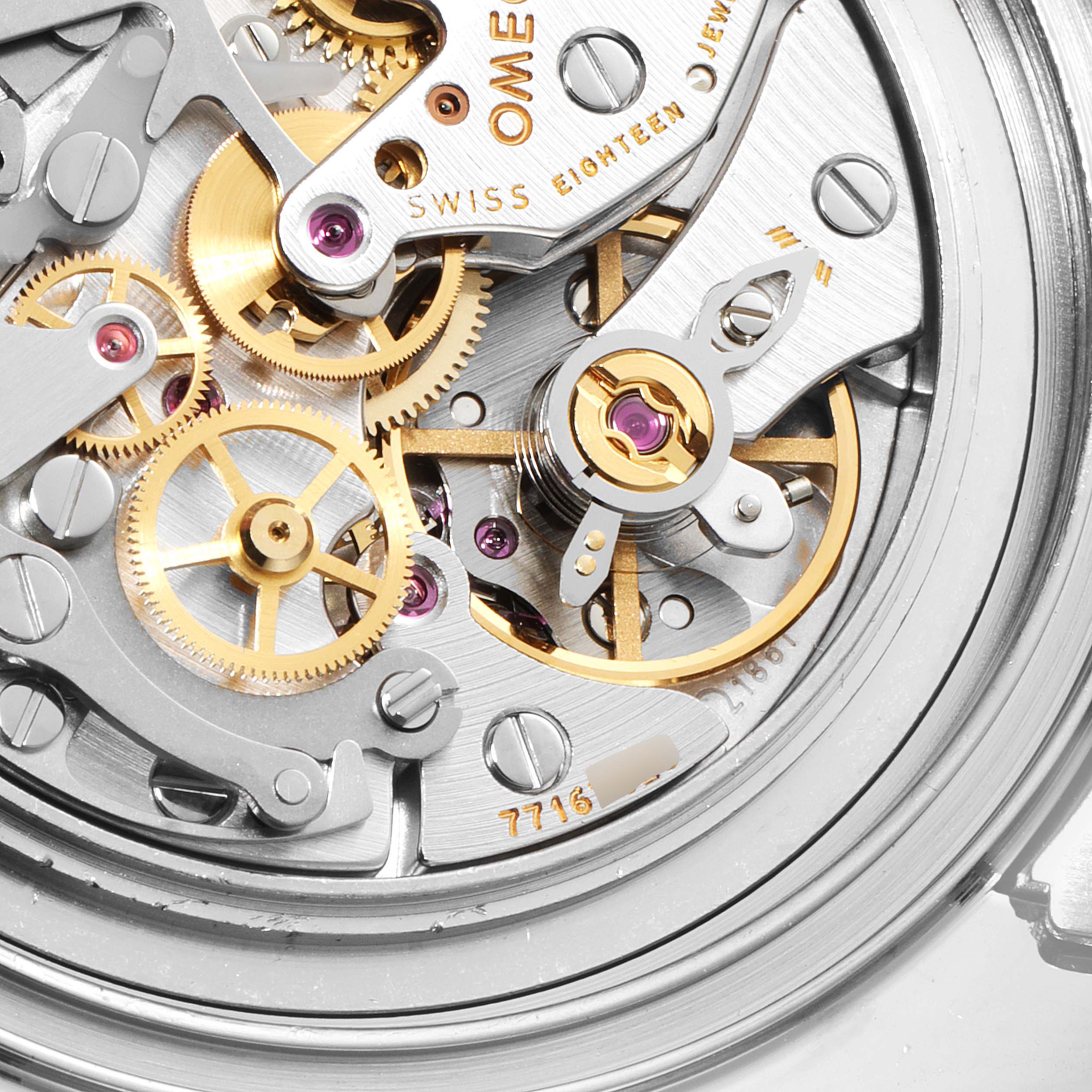 This close-up image shows the intricate gears and jewels of the Omega Speedmaster 3570.50.00 Men
s Stainless Steel Black Dial 3570.50.00 Men
s Stainless Steel Black Dial
s internal mechanism.