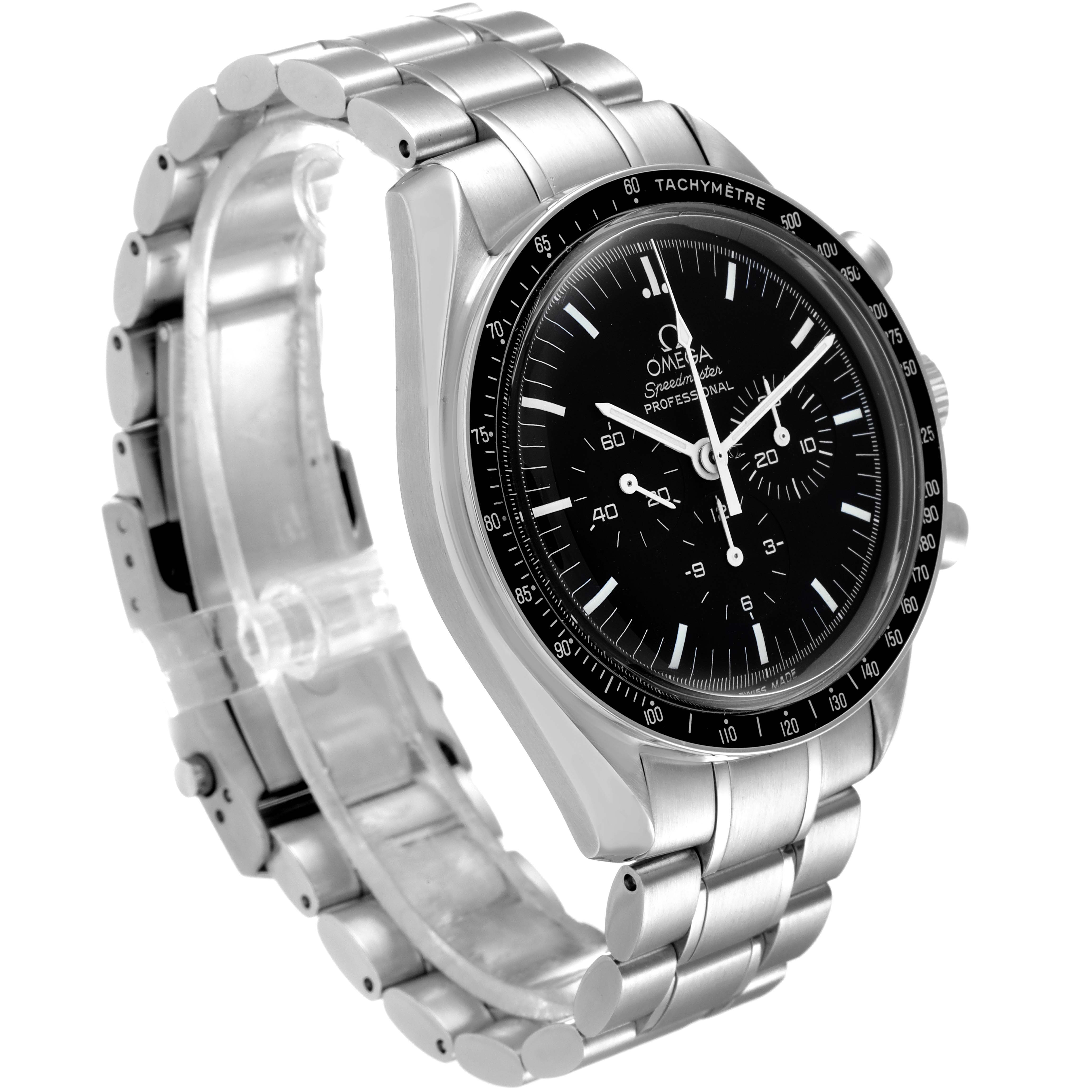 The image shows an Omega Speedmaster 3570.50.00 Men
s Stainless Steel Black Dial 3570.50.00 Men
s Stainless Steel Black Dial watch at a slight angle from the front, displaying its dial, tachymeter bezel, and metal bracelet.