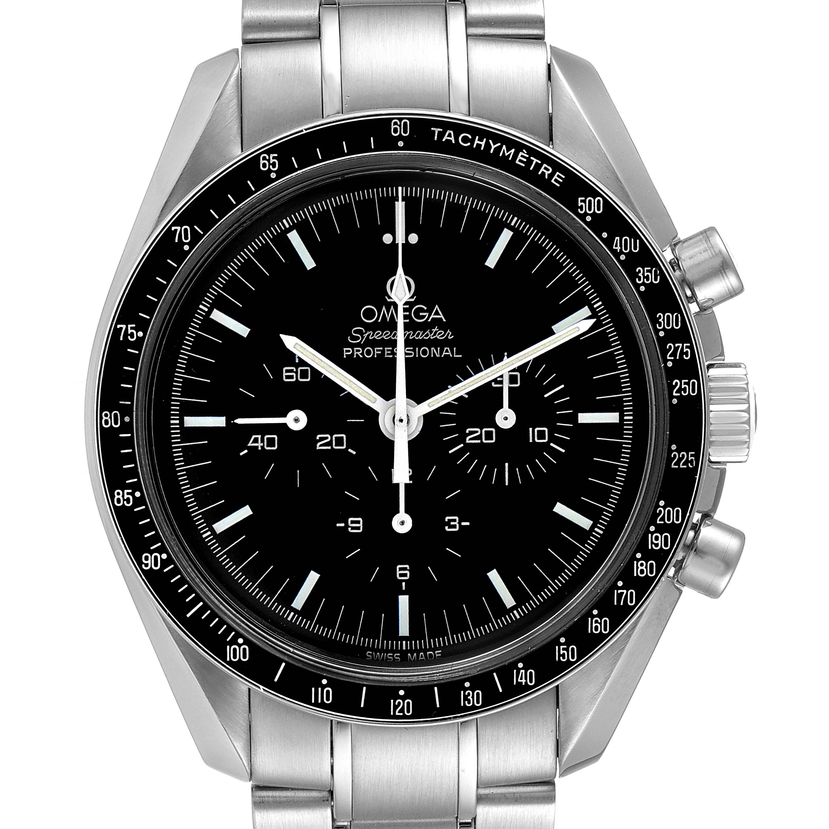 The Omega Speedmaster 3570.50.00 Men
s Stainless Steel Black Dial 3570.50.00 Men
s Stainless Steel Black Dial watch is shown from a front view, highlighting its dial, tachymeter bezel, and chronograph pushers.