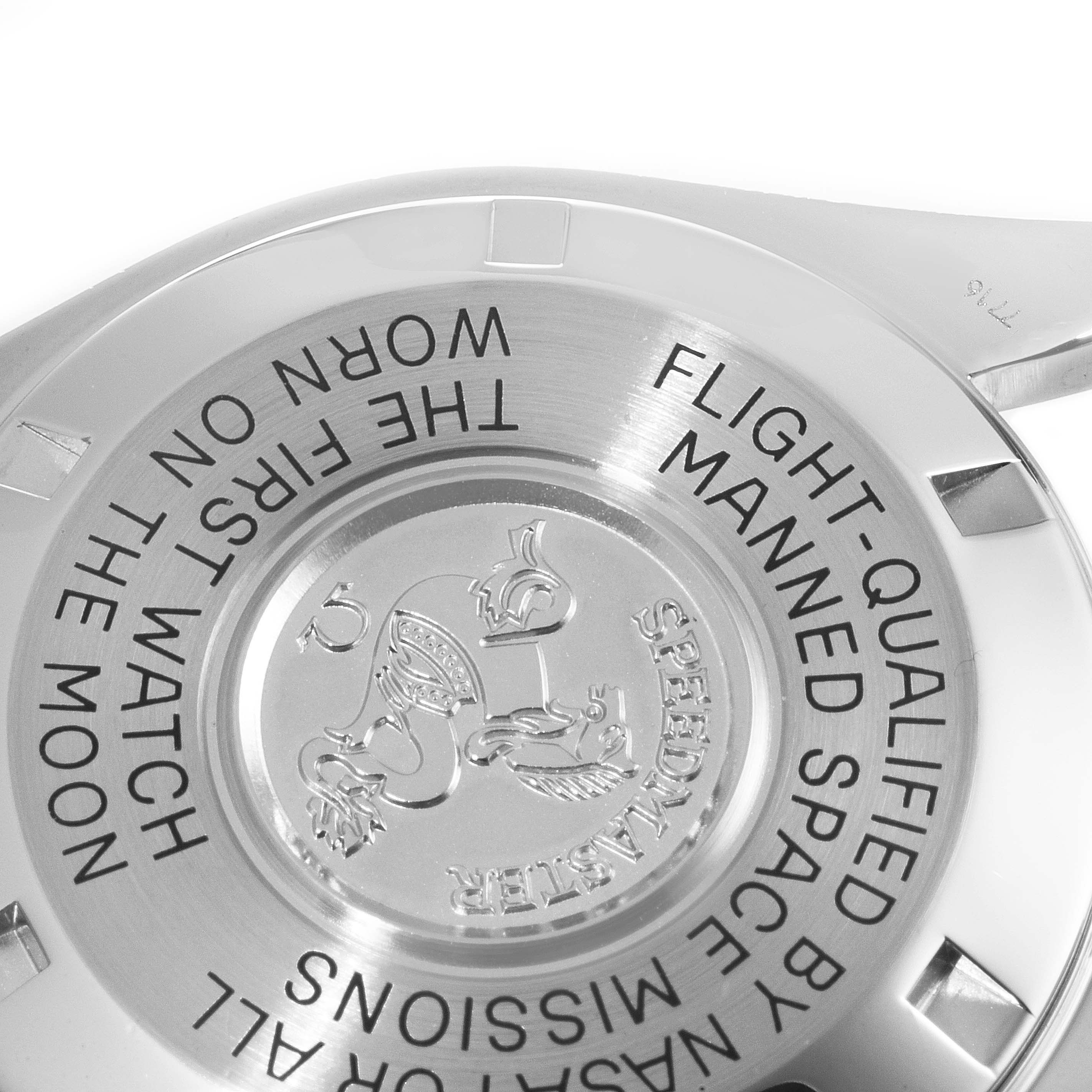 This image shows the case back of the Omega Speedmaster 3570.50.00 Men
s Stainless Steel Black Dial 3570.50.00 Men
s Stainless Steel Black Dial watch with engraved details.