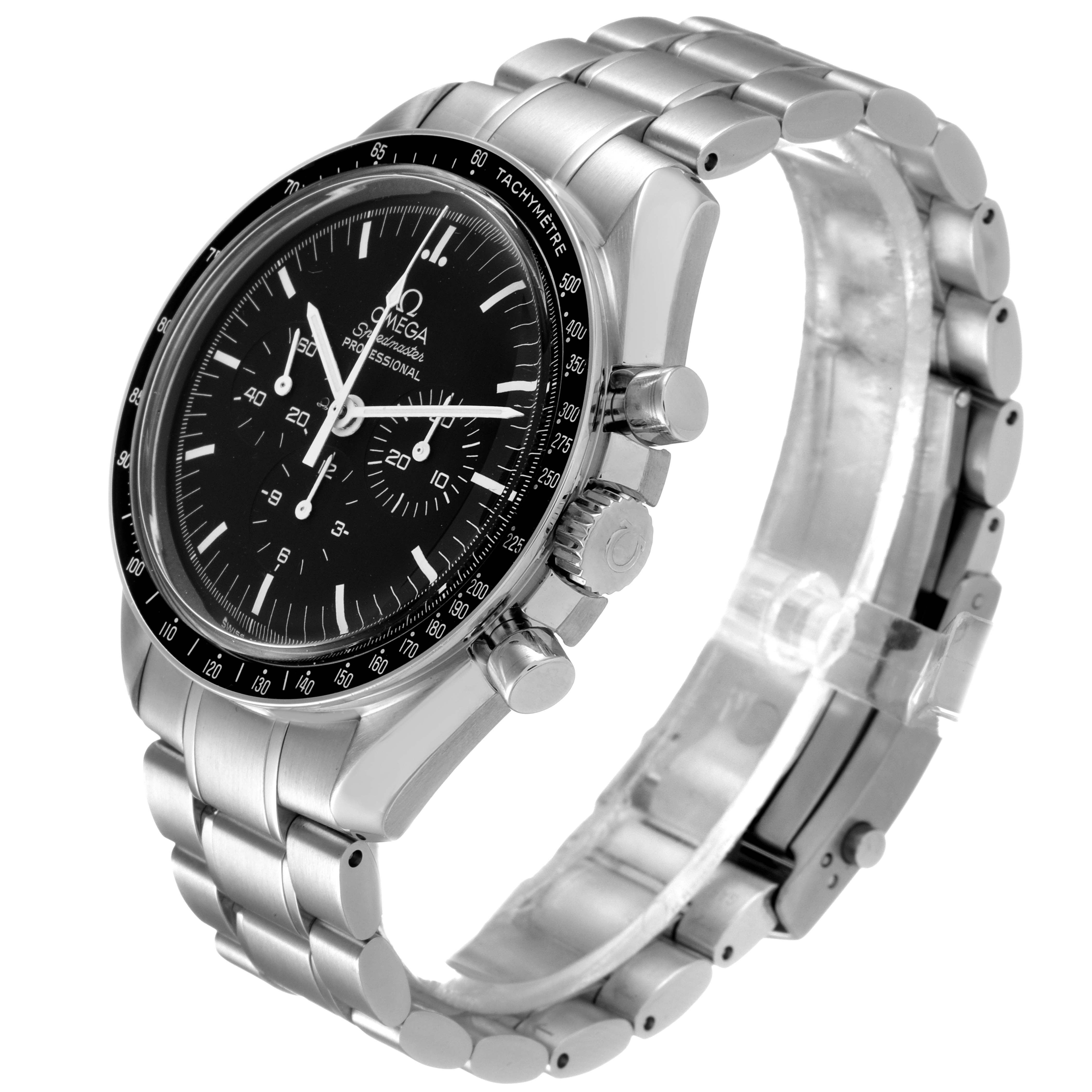 The image shows an Omega Speedmaster 3570.50.00 Men
s Stainless Steel Black Dial 3570.50.00 Men
s Stainless Steel Black Dial watch at a 3/4 angle, highlighting the case, dial, tachymeter bezel, and bracelet.