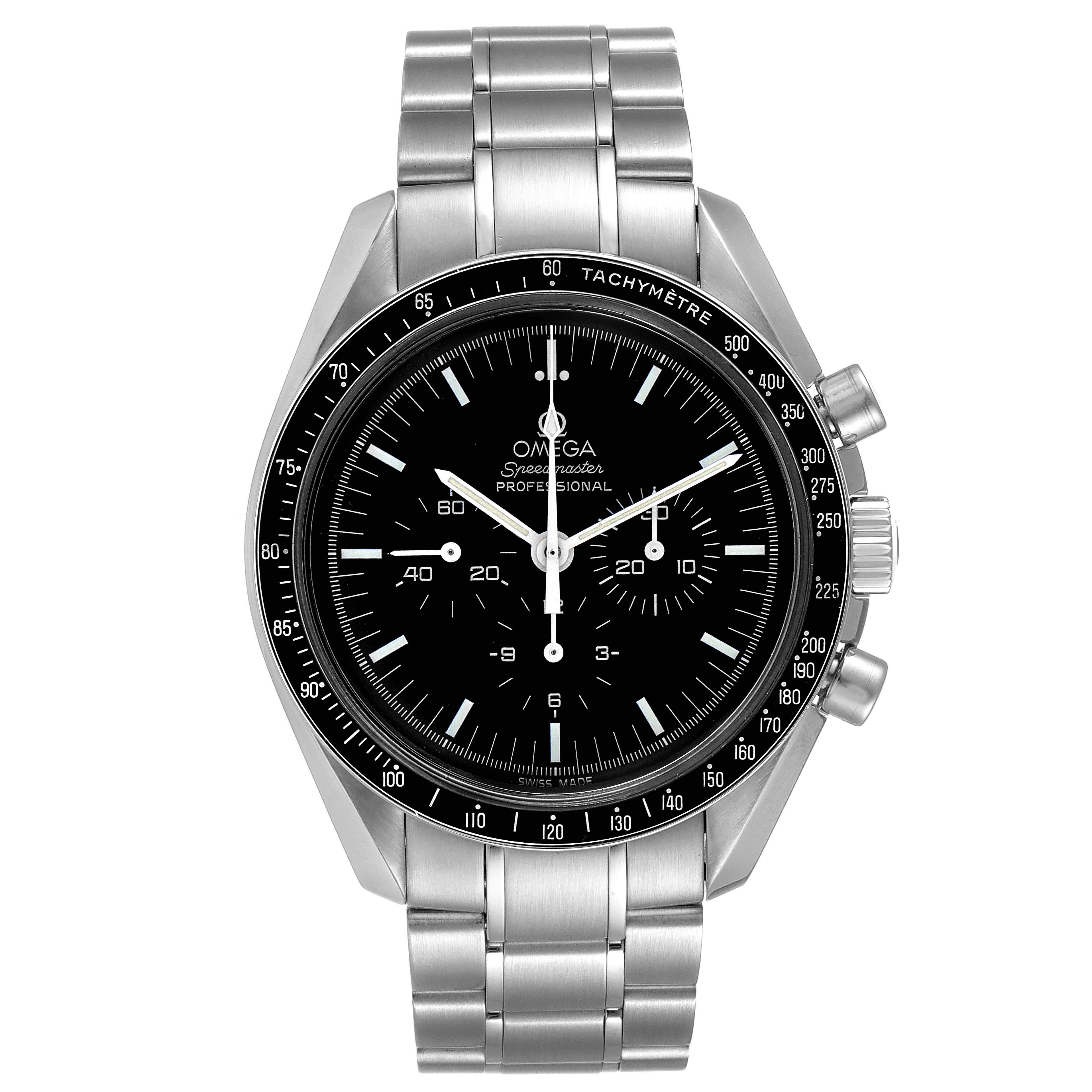 The image shows a front view of the Omega Speedmaster 3570.50.00 Men
s Stainless Steel Black Dial 3570.50.00 Men
s Stainless Steel Black Dial watch, displaying the face, bezel, and stainless steel bracelet.