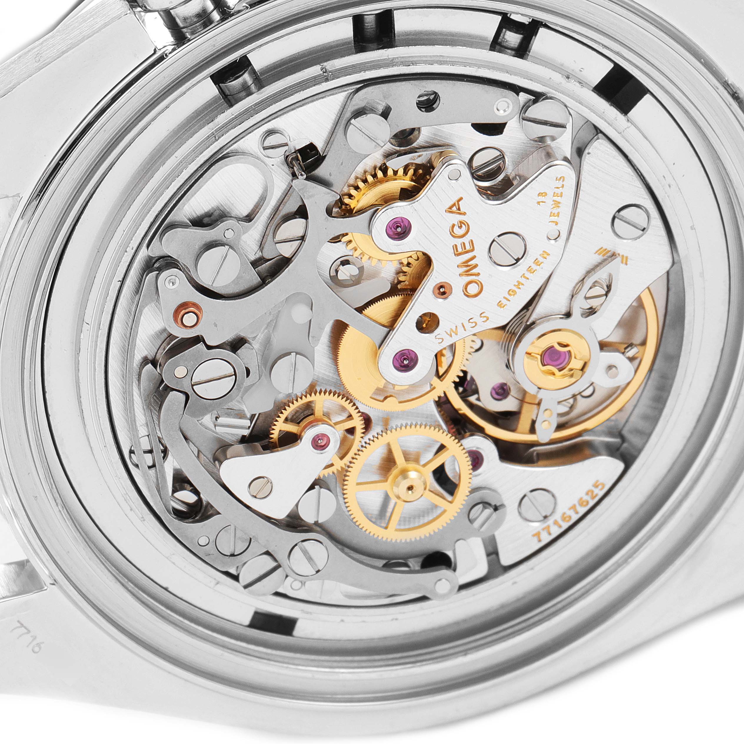 The image shows a close-up of the intricate mechanical movement of the Omega Speedmaster 3570.50.00 Men
s Stainless Steel Black Dial 3570.50.00 Men
s Stainless Steel Black Dial watch.