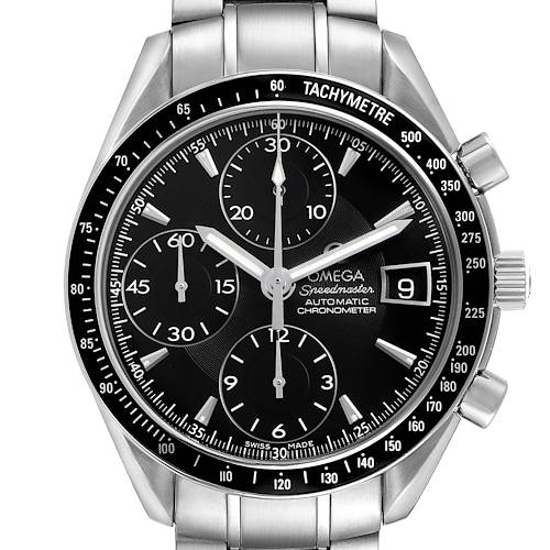 The Omega Speedmaster 3210.50.00 Men's Stainless Steel Black Dial watch is shown from the front, highlighting the dial, chronograph sub-dials, and tachymeter bezel.