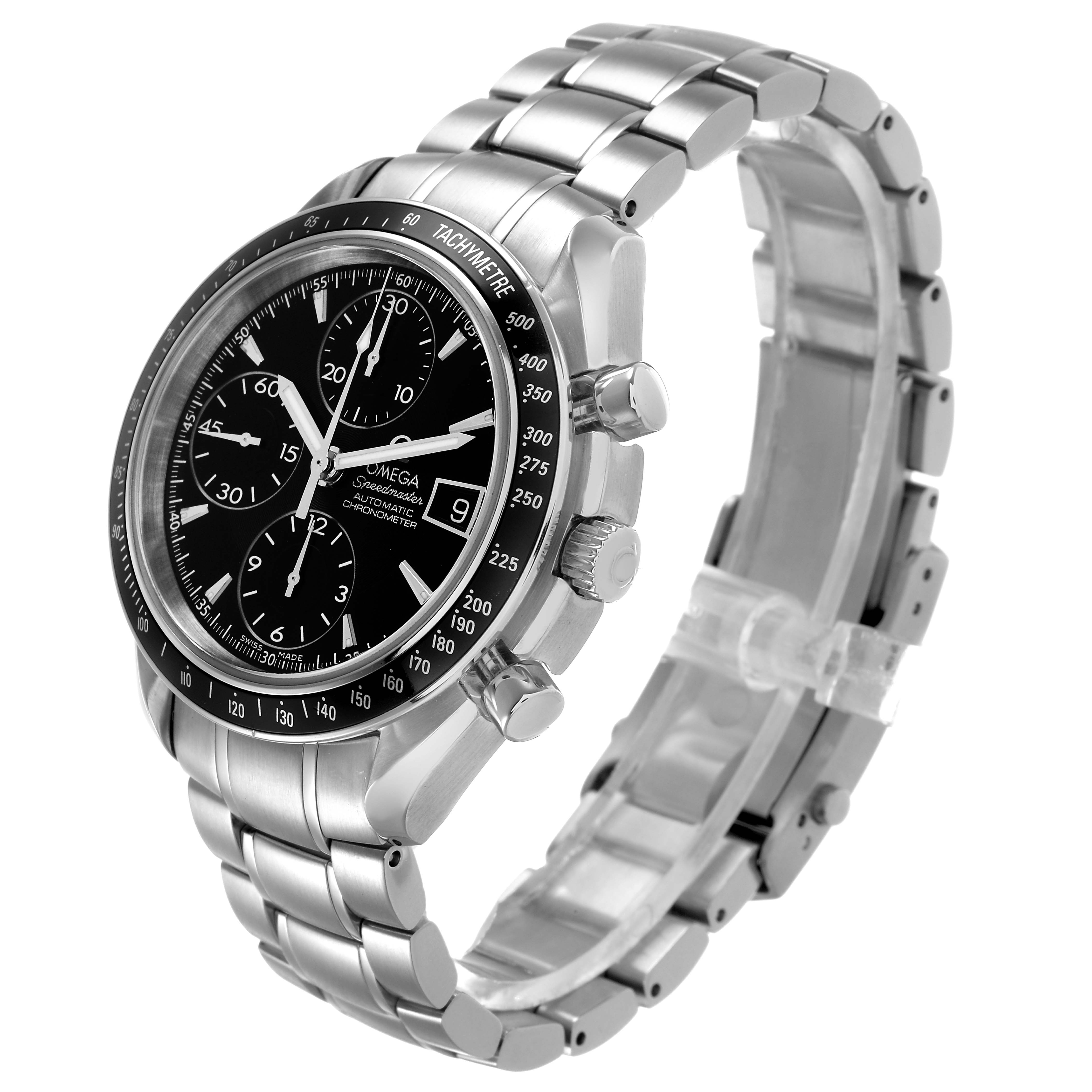 The Omega Speedmaster 3210.50.00 Men's Stainless Steel Black Dial watch is shown at a three-quarter angle, highlighting the dial, bezel, case, and bracelet.