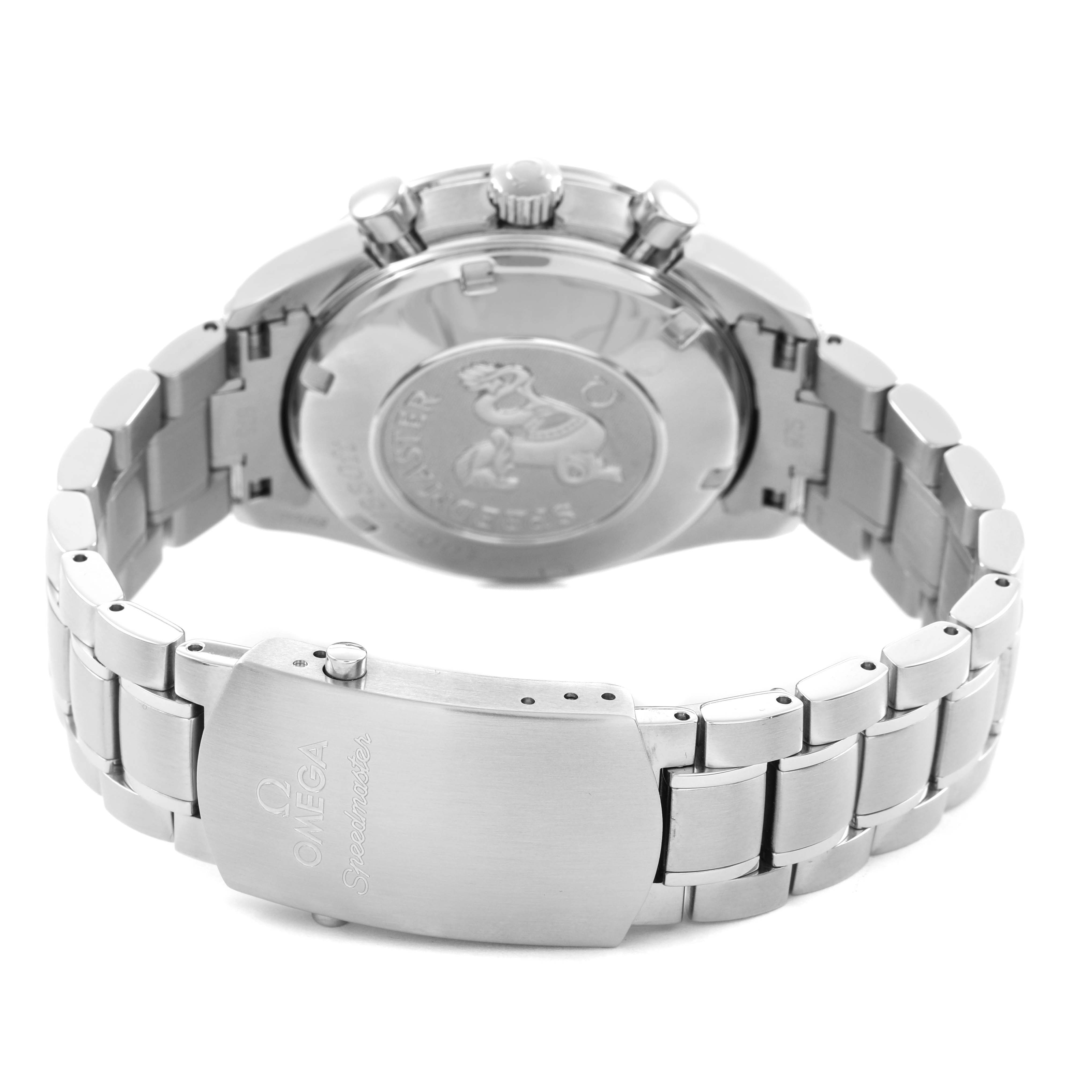 The Omega Speedmaster 3210.50.00 Men's Stainless Steel Black Dial is shown from the back, displaying the case back, bracelet, and clasp.