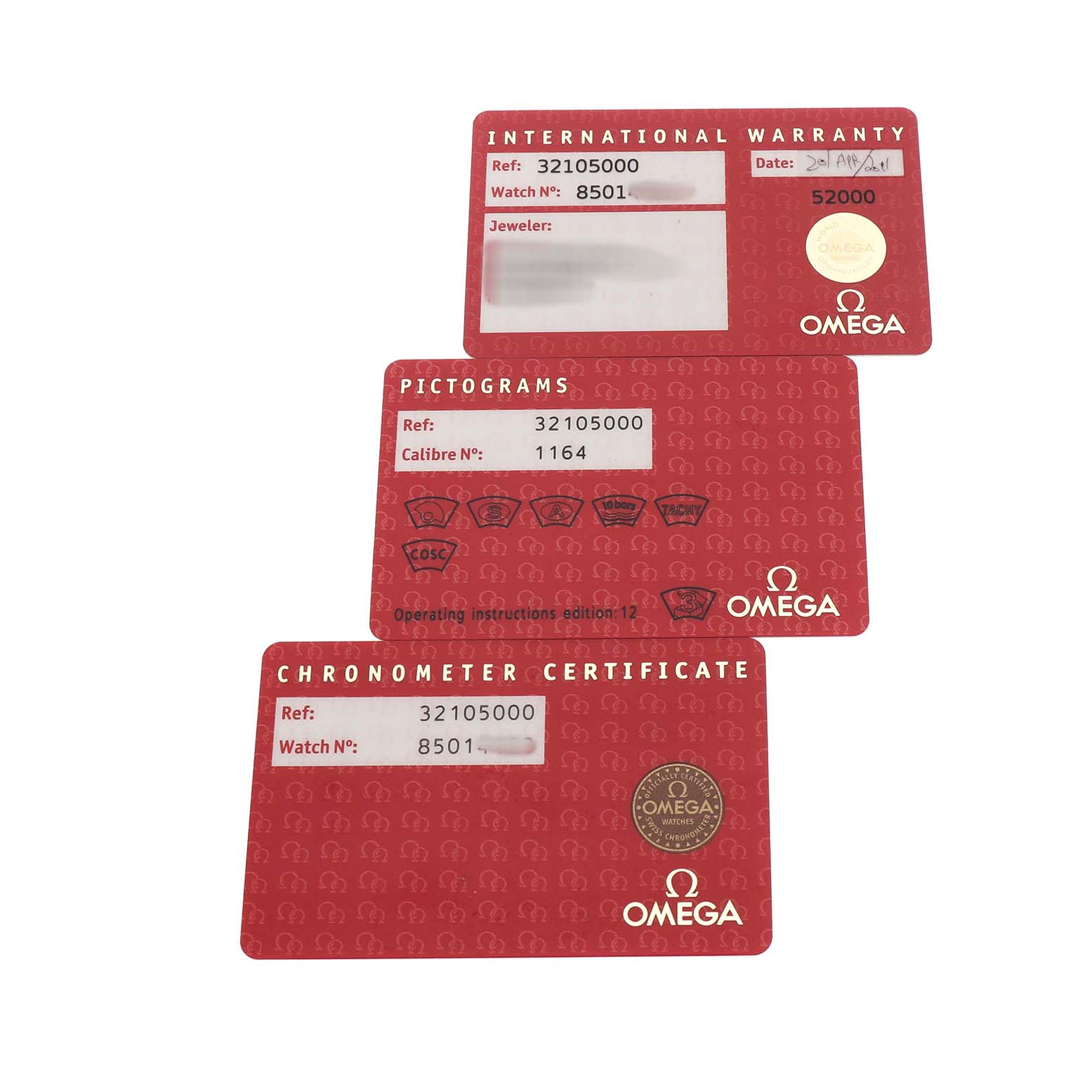 The image shows three Omega Speedmaster 3210.50.00 Men's Stainless Steel Black Dial cards: International Warranty, Pictograms, and Chronometer Certificate.