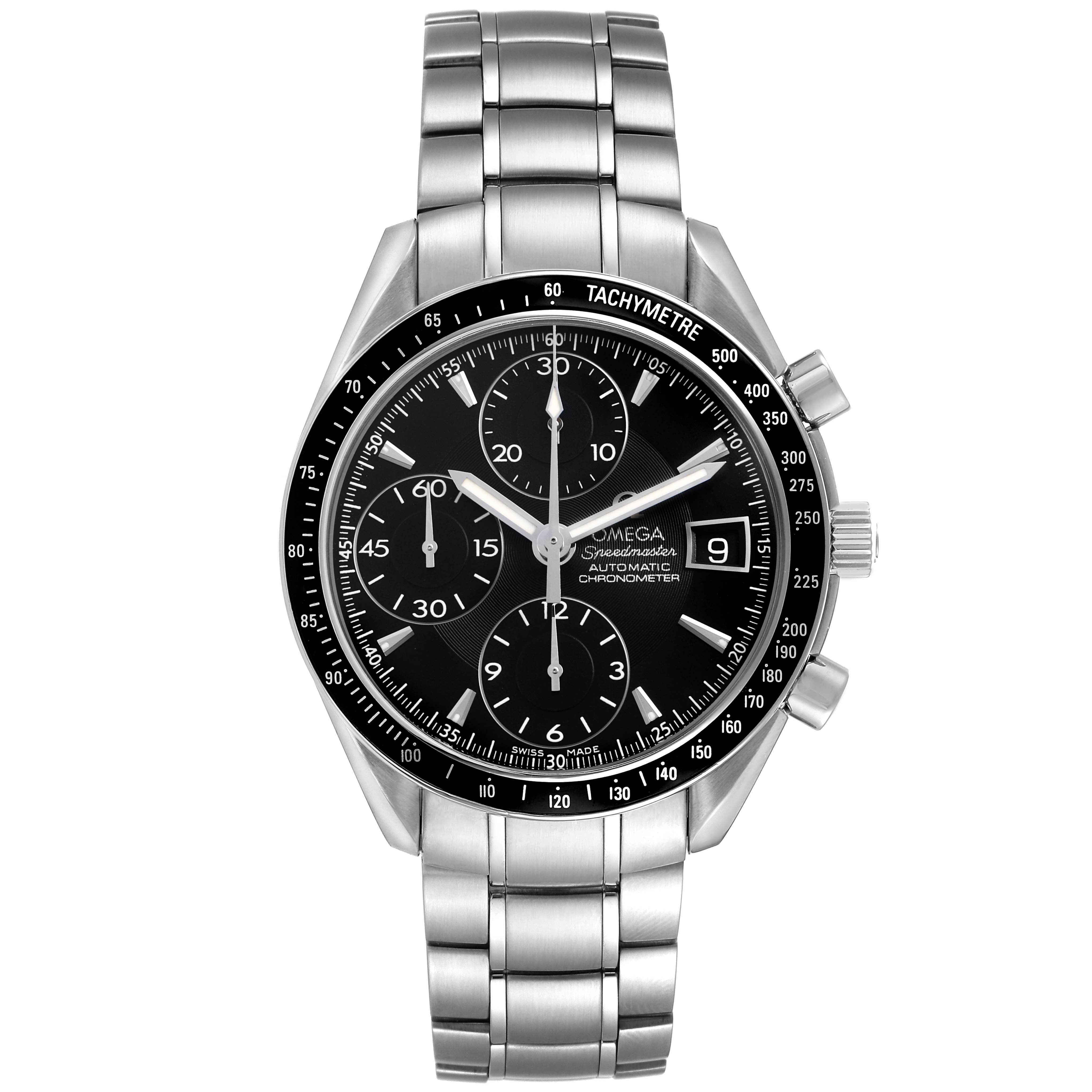The Omega Speedmaster 3210.50.00 Men's Stainless Steel Black Dial watch is shown from the front, highlighting its dial, tachymeter bezel, and metal bracelet.