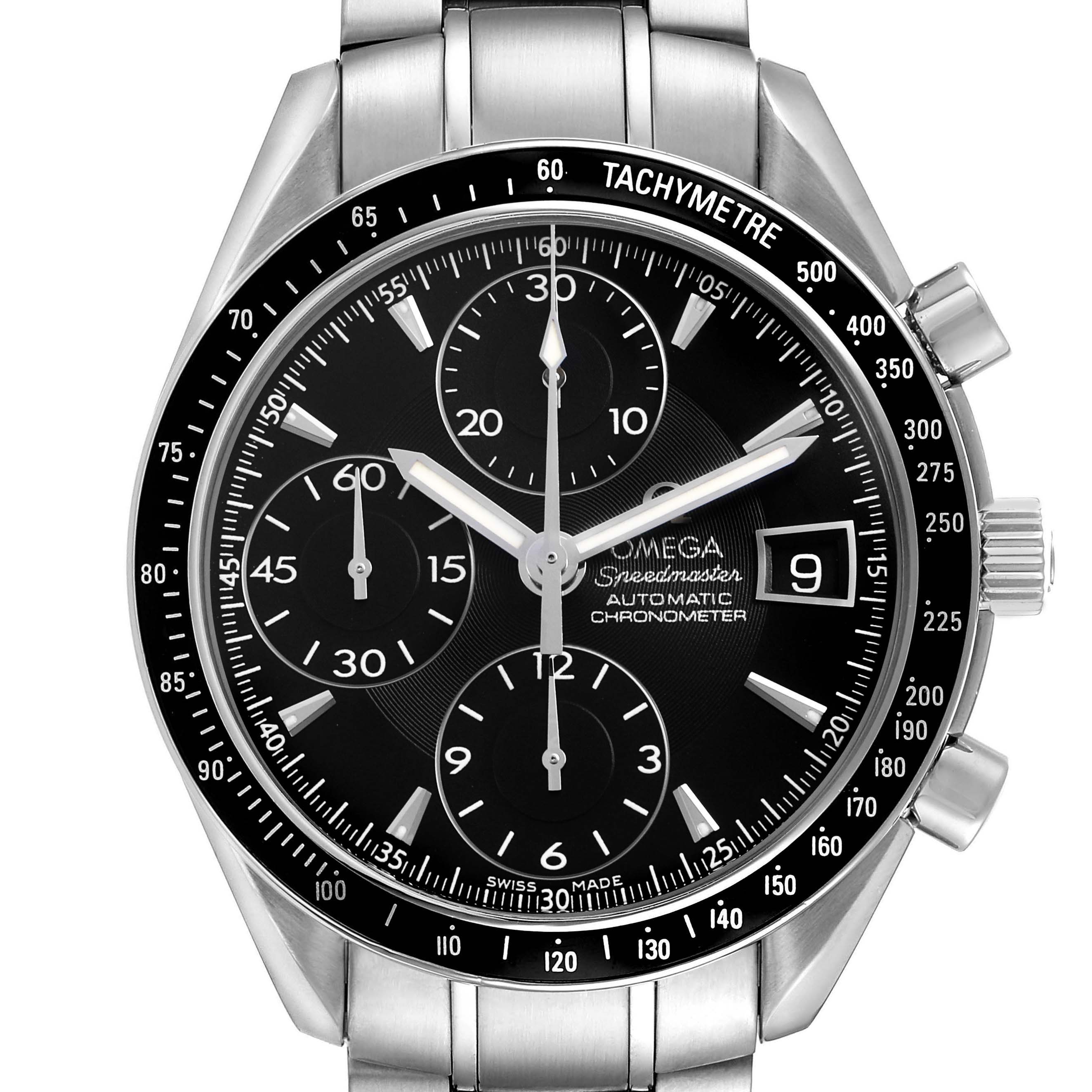 The Omega Speedmaster 3210.50.00 Men's Stainless Steel Black Dial watch is shown head-on, highlighting the dial, bezel with tachymeter scale, sub-dials, and crown.