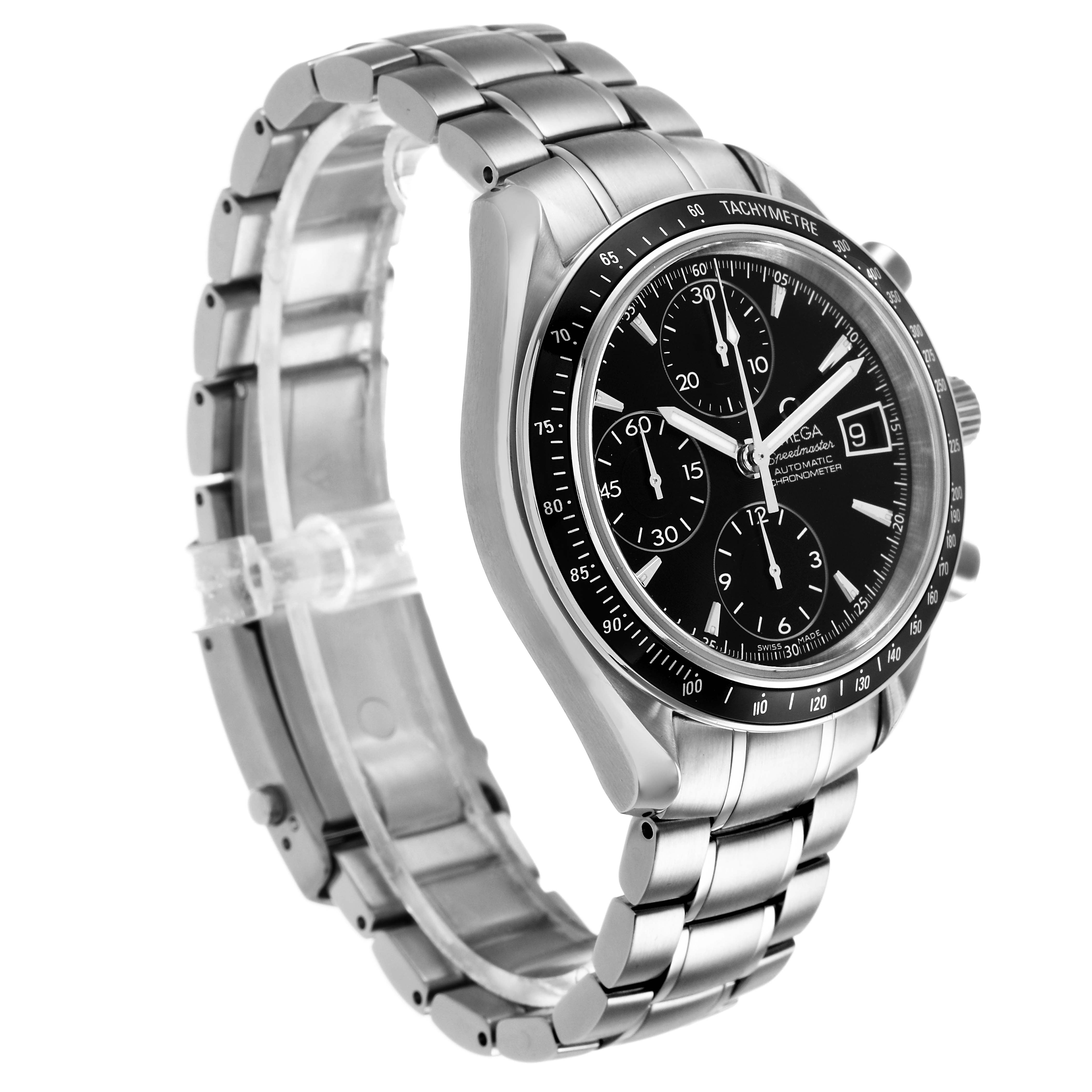 The Omega Speedmaster 3210.50.00 Men's Stainless Steel Black Dial is shown at a three-quarter angle, highlighting the face, bezel, and bracelet.