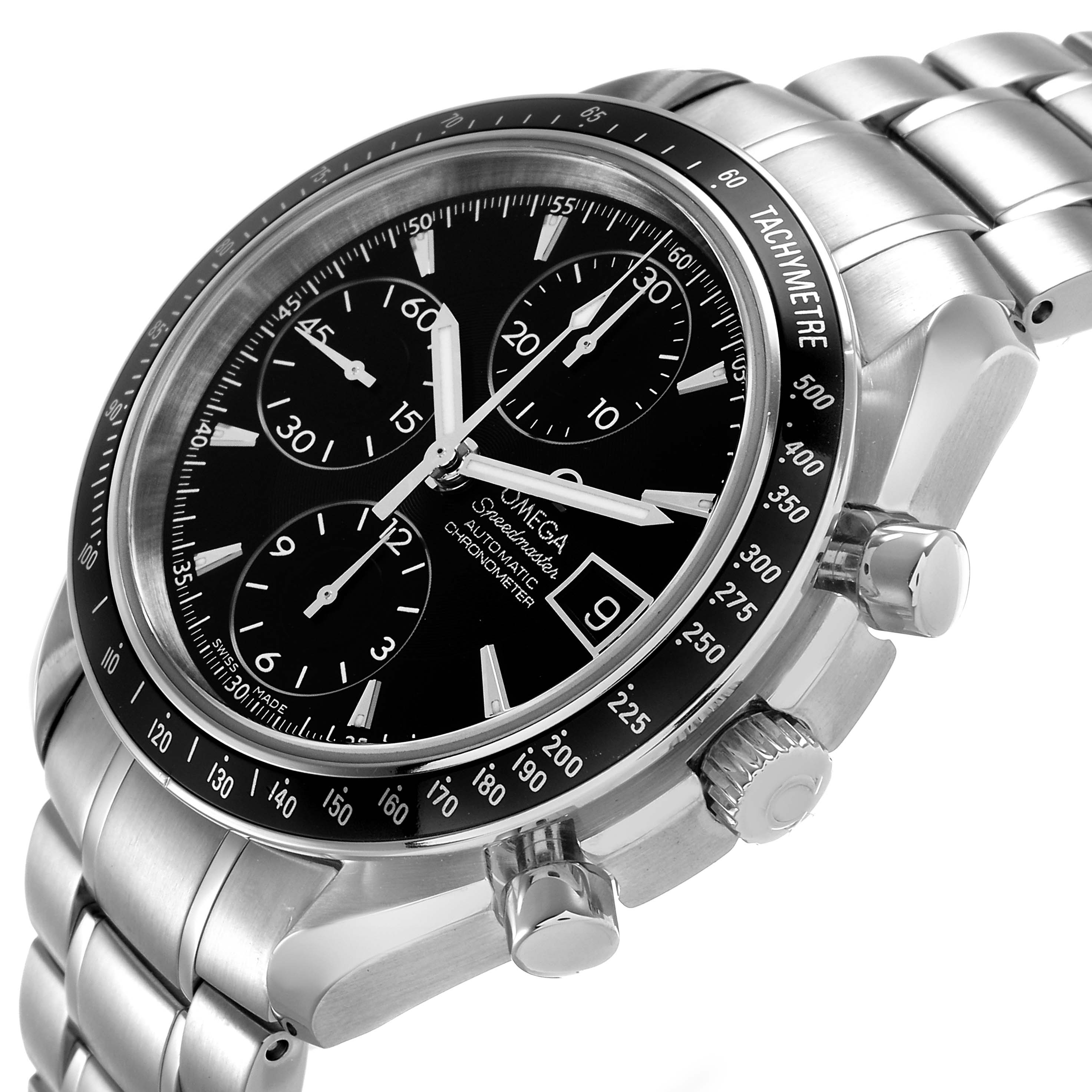 The Omega Speedmaster 3210.50.00 Men's Stainless Steel Black Dial watch is shown at a three-quarter angle, highlighting the face, tachymetric bezel, and side buttons.