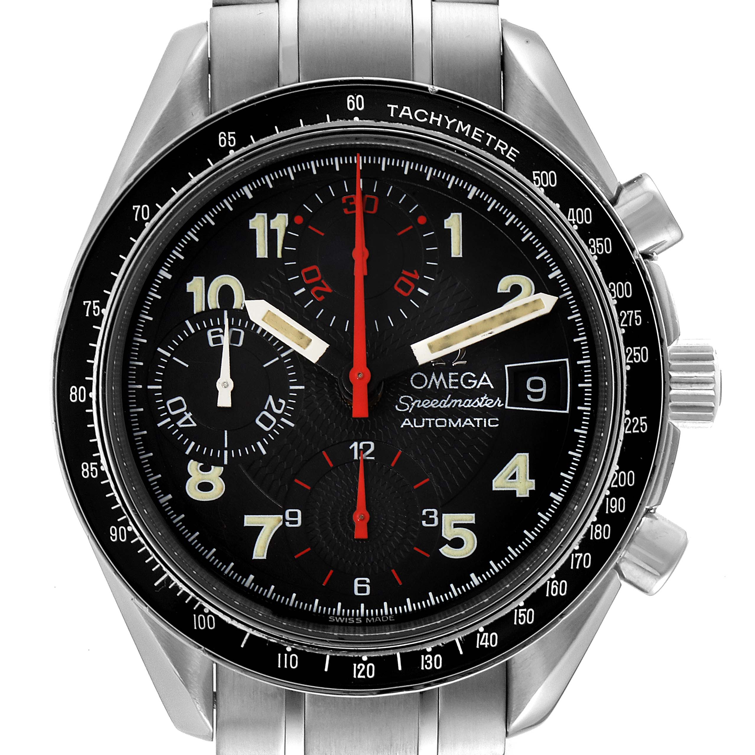 The Omega Speedmaster 3513.53.00 Men's Stainless Steel Black Dial 3513.53.00 Men's Stainless Steel Black Dial watch is shown from a front angle, highlighting its tachymeter bezel, chronograph sub-dials, and bracelet.