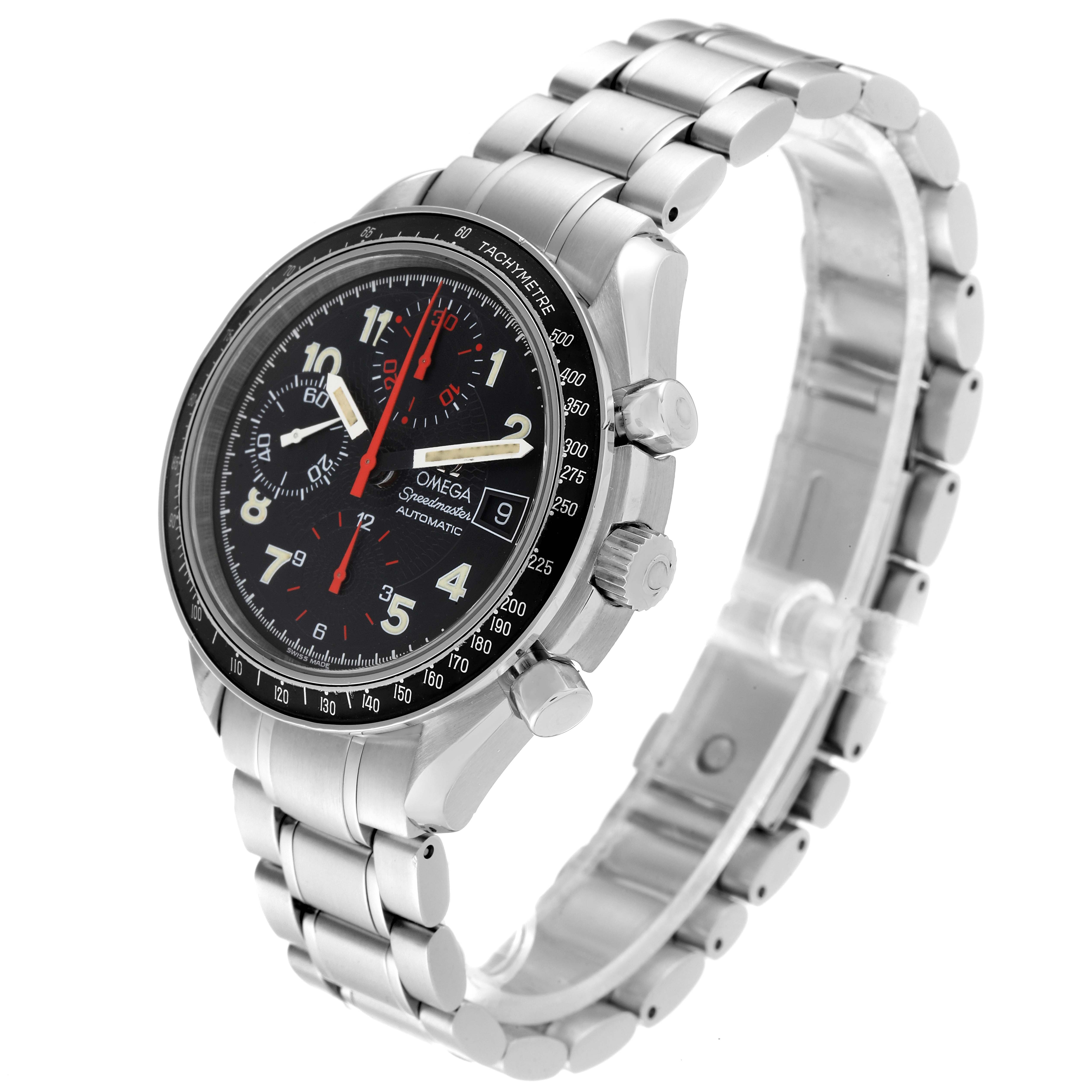 The Omega Speedmaster 3513.53.00 Men's Stainless Steel Black Dial 3513.53.00 Men's Stainless Steel Black Dial watch is shown at a front-left 3/4 angle, highlighting its dial, bezel, and bracelet.