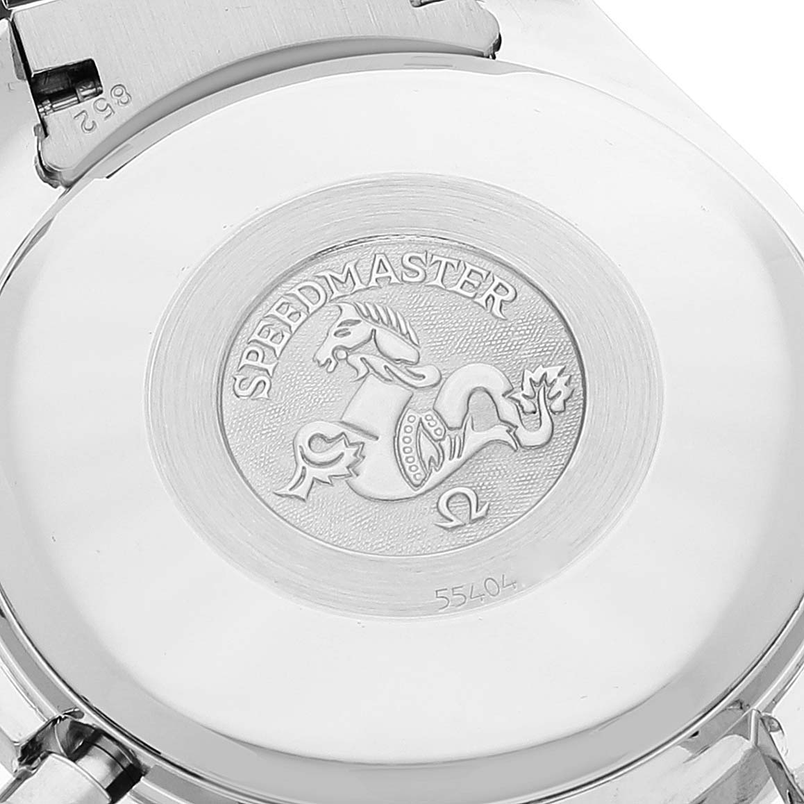 This image shows the engraved case back of an Omega Speedmaster 3513.53.00 Men's Stainless Steel Black Dial 3513.53.00 Men's Stainless Steel Black Dial watch, featuring its logo and model name.